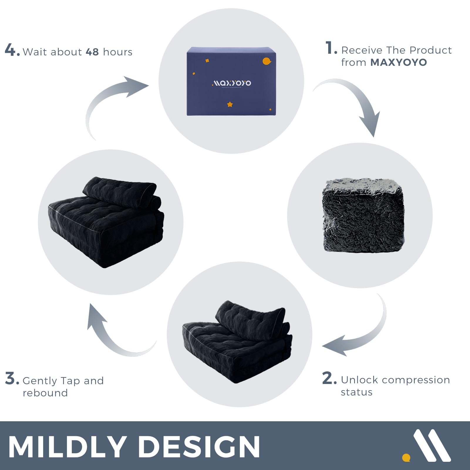 MAXYOYO Corduroy Folding Sofa Bed - Convertible Sleeper Chair with Pillow & Foldable Mattress - Double Size with Back Support (Black) - Perfect for Small Spaces, Guest Rooms & Studio Apartments