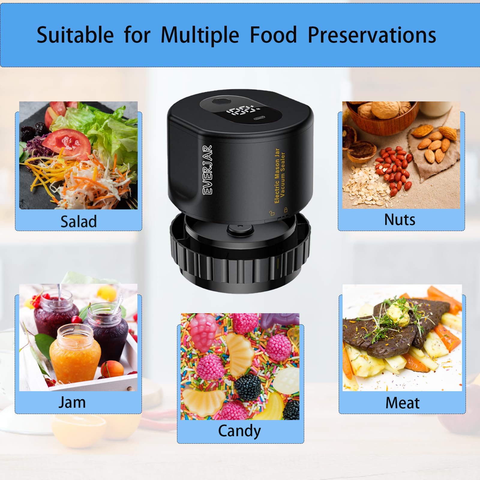 Everjar - 2-in-1 Electric Mason Jar Vacuum Sealer Kit with Automatic Suction Stop | Food Storage Sealer for Wide & Regular Mouth Jars | Preserves Freshness for Meal Prep, Canning & Leftovers (Black)