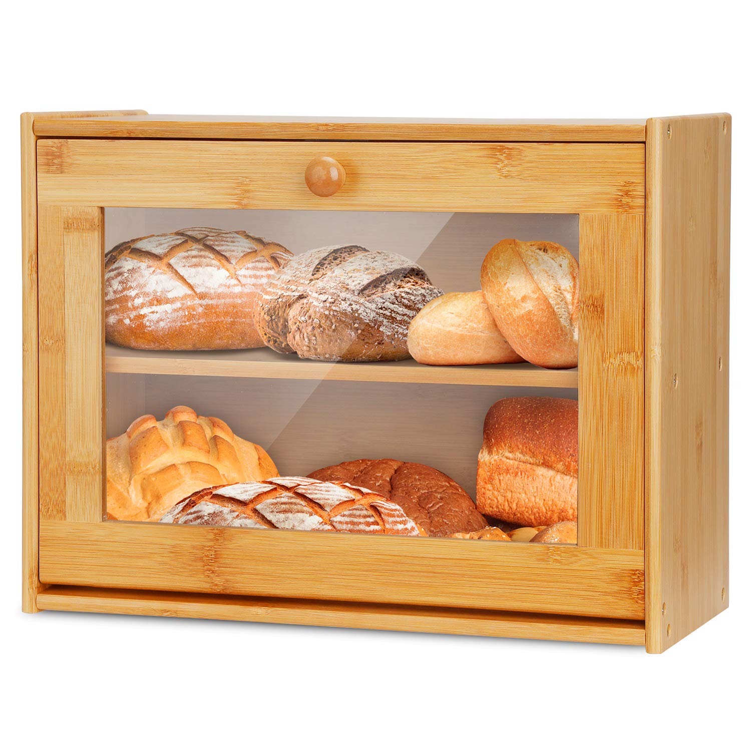2-Tier Bamboo Bread Box with Acrylic Window - Countertop Bread Bin & Dry Food Storage Container for Kitchen, Pastries, Loaf, Fruits, Jam - Easy Self-Assembly for Organized Pantry & Baking Needs