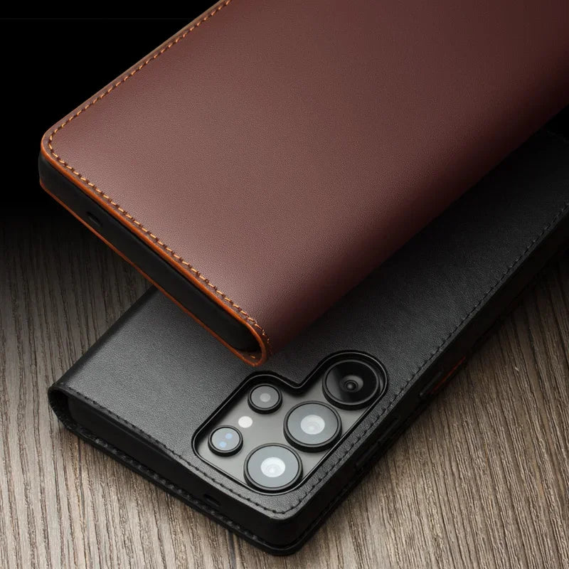 Samsung Galaxy S25 Genuine Leather Flip Wallet Case - Retro Style Phone Cover with Card Slots for Credit Cards & ID - Perfect for Business, Travel and Everyday Use