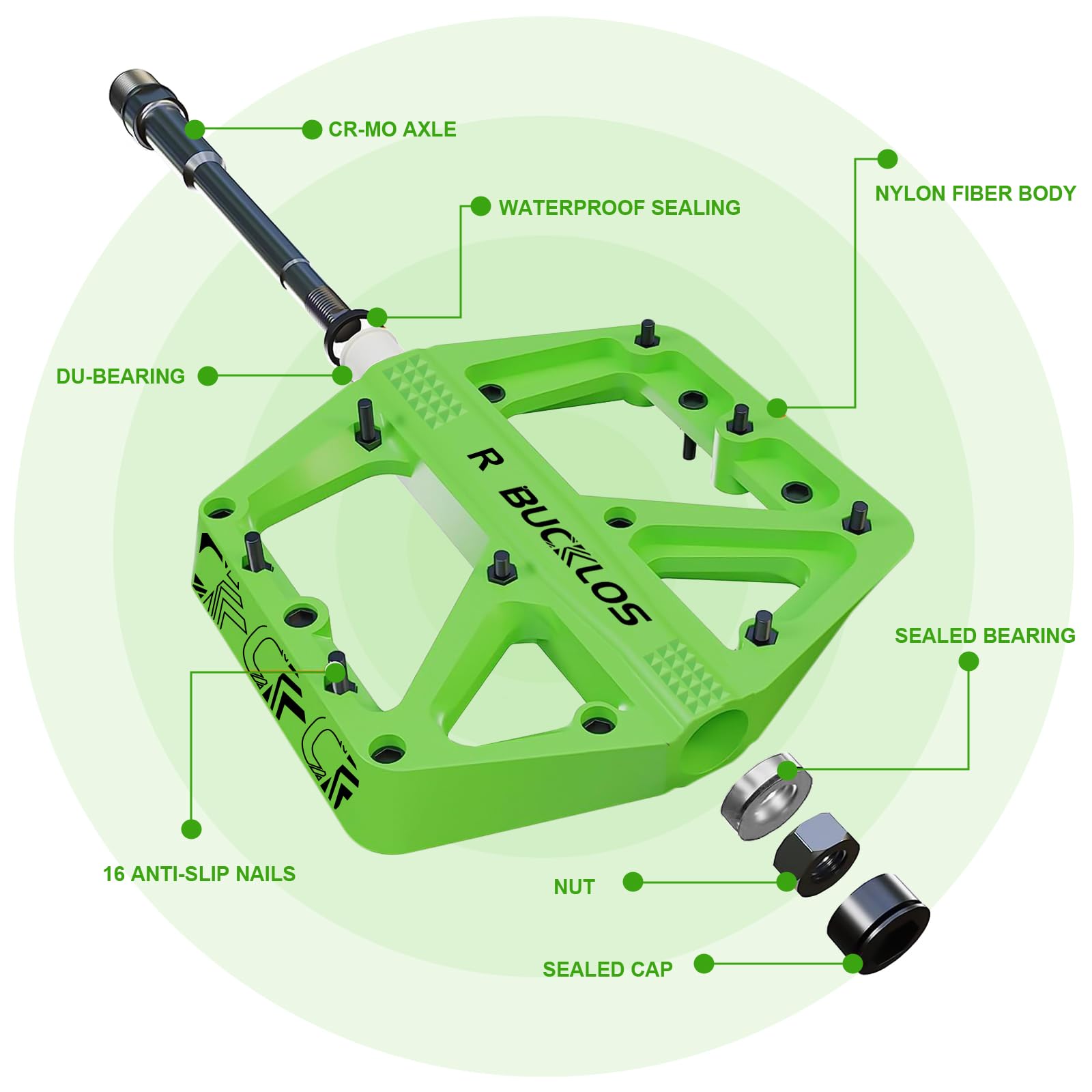 BUCKLOS MTB Pedals - Non-Slip Large Platform Mountain Bike Pedals for Adults, 9/16