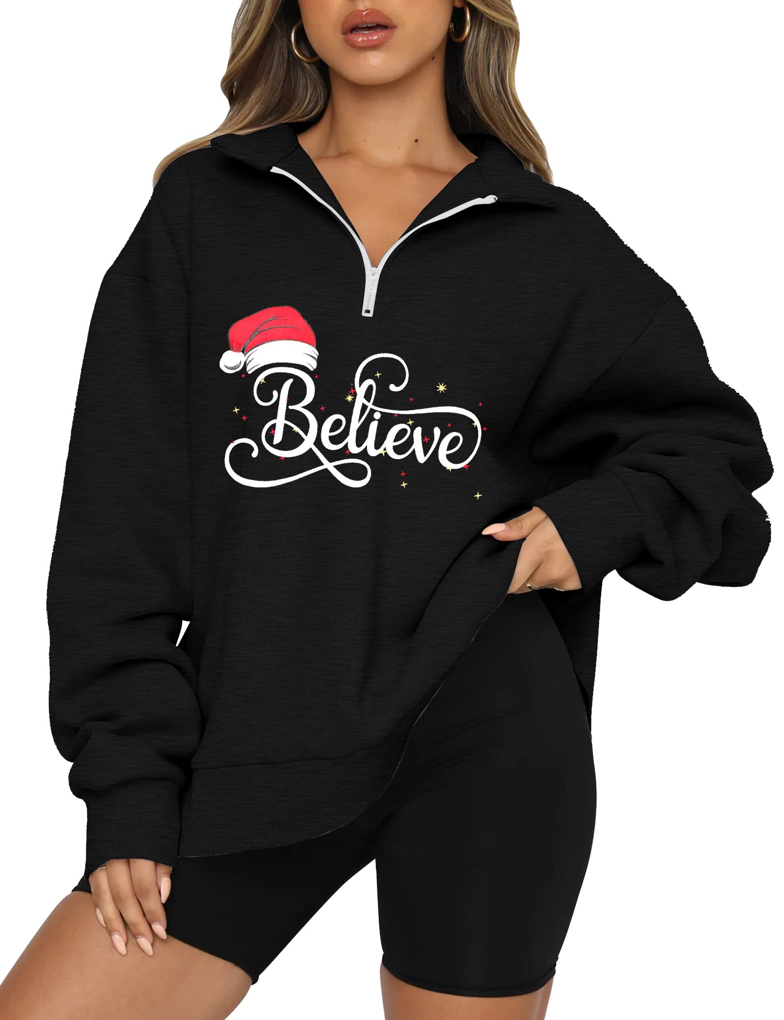 Women's Funny Christmas Sweatshirt - 'Believe' Holiday Sweater with Lightweight Blouse & Xmas Hat | Cozy Winter Outfit for Parties, Family Gatherings & Festive Celebrations