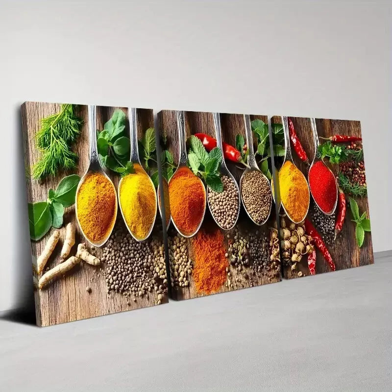 3-Piece Colorful Spice Spoon Art Set - Framed Canvas Wall Decor 50x70cm | High-Quality Australian Made Print | Ready to Hang | Perfect for Kitchen, Dining Room & Home Decor