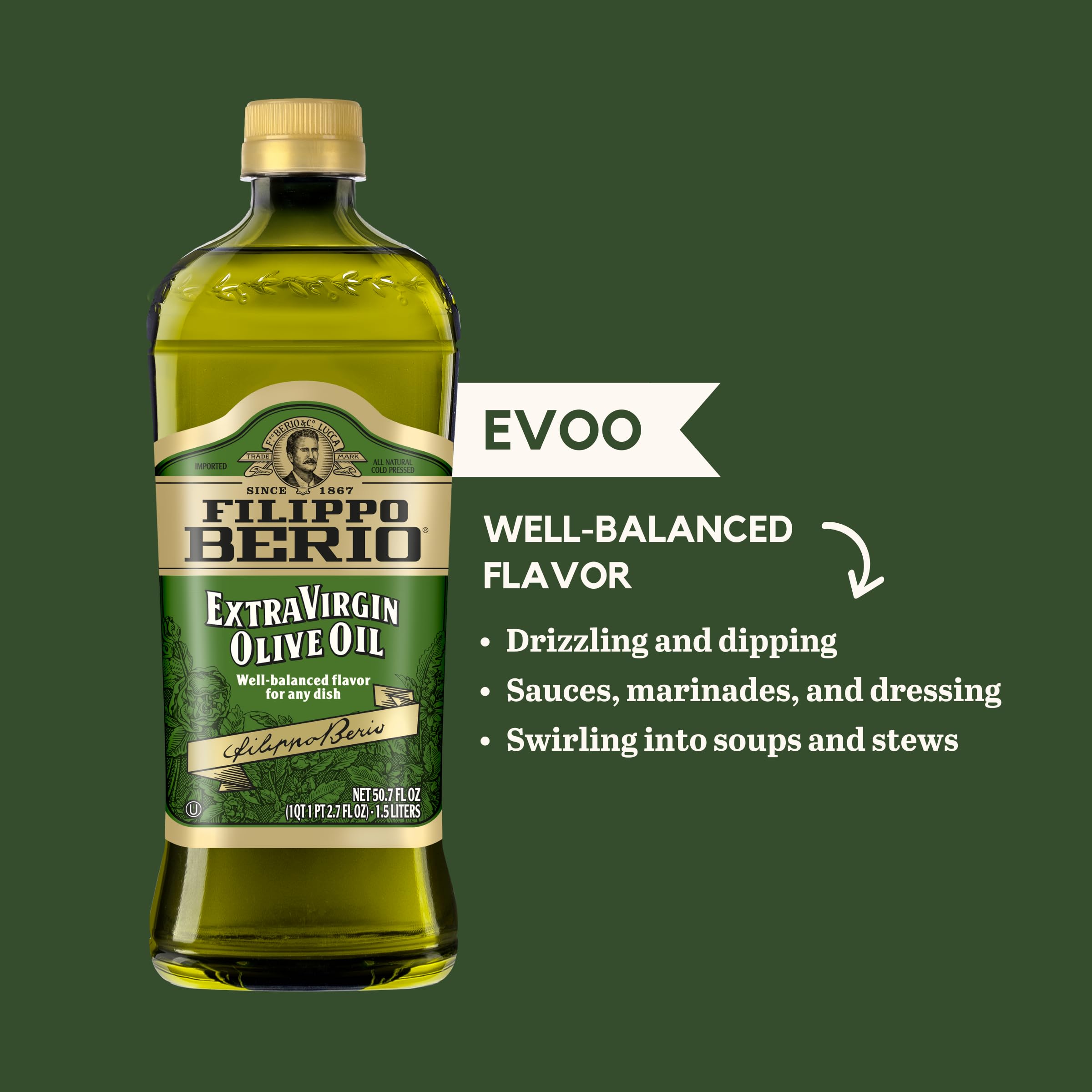 Filippo Berio Extra Virgin Olive Oil - 50.7 oz (1.5L) rPET Eco-Friendly Bottle, Pack of 6 | Premium Cooking Oil for Salads, Pasta & Mediterranean Dishes