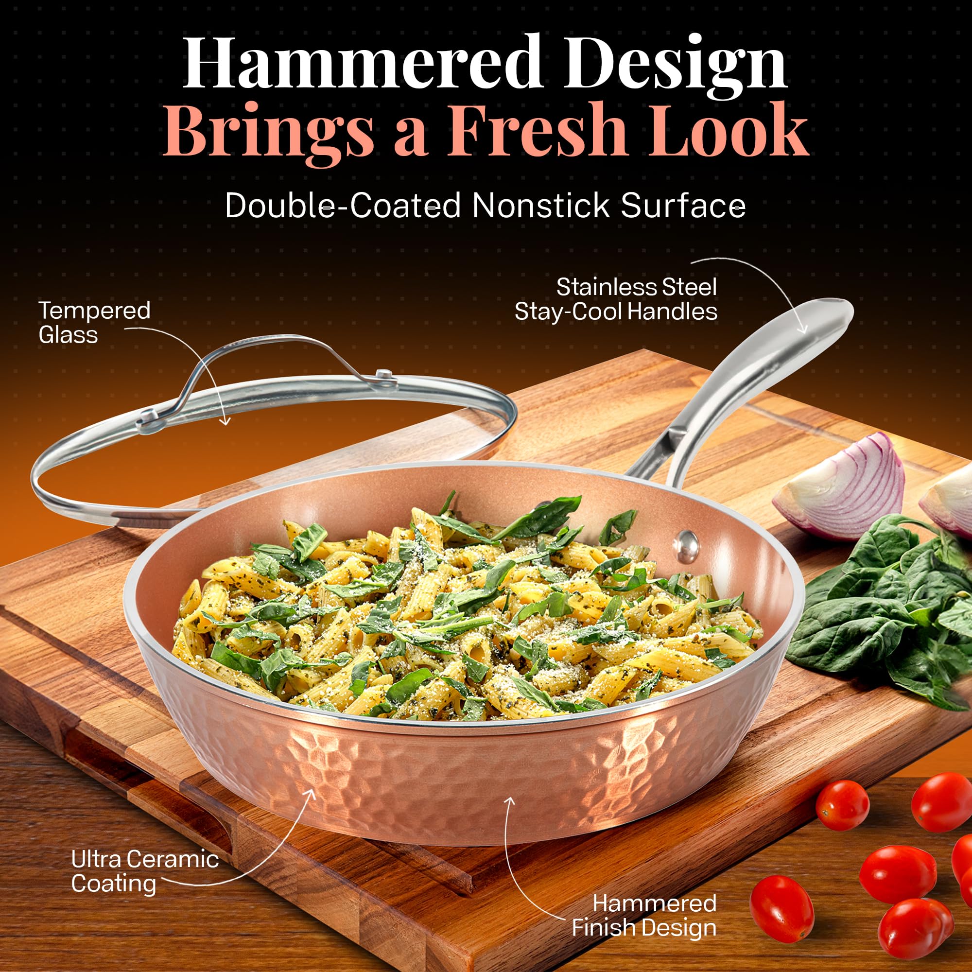 GOTHAM STEEL Hammered 15-Piece Ceramic Nonstick Cookware Set - Copper Pots and Pans Kitchen Set with Utensils, Deep Cookware for Frying, Boiling & Sauteing | Oven & Dishwasher Safe, PFOA-Free Non-Toxic Cookware for Healthy Cooking | Perfect for Family Meals, Entertaining & Everyday Kitchen Use