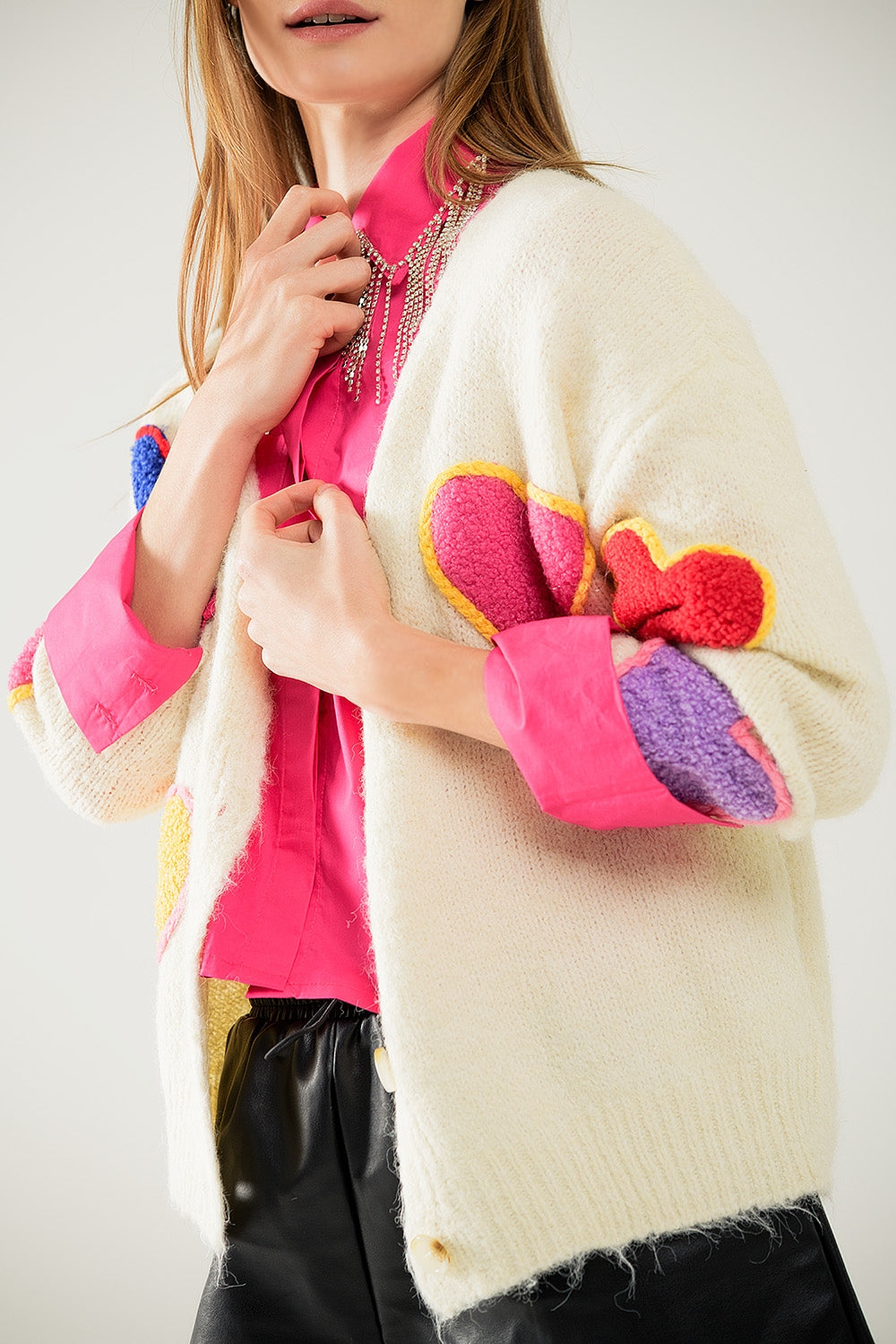 Beige Knit Cardigan with Embroidered Hearts - Cozy & Stylish Sweater for Women, Perfect for Fall & Winter Outfits, Date Nights & Casual Wear