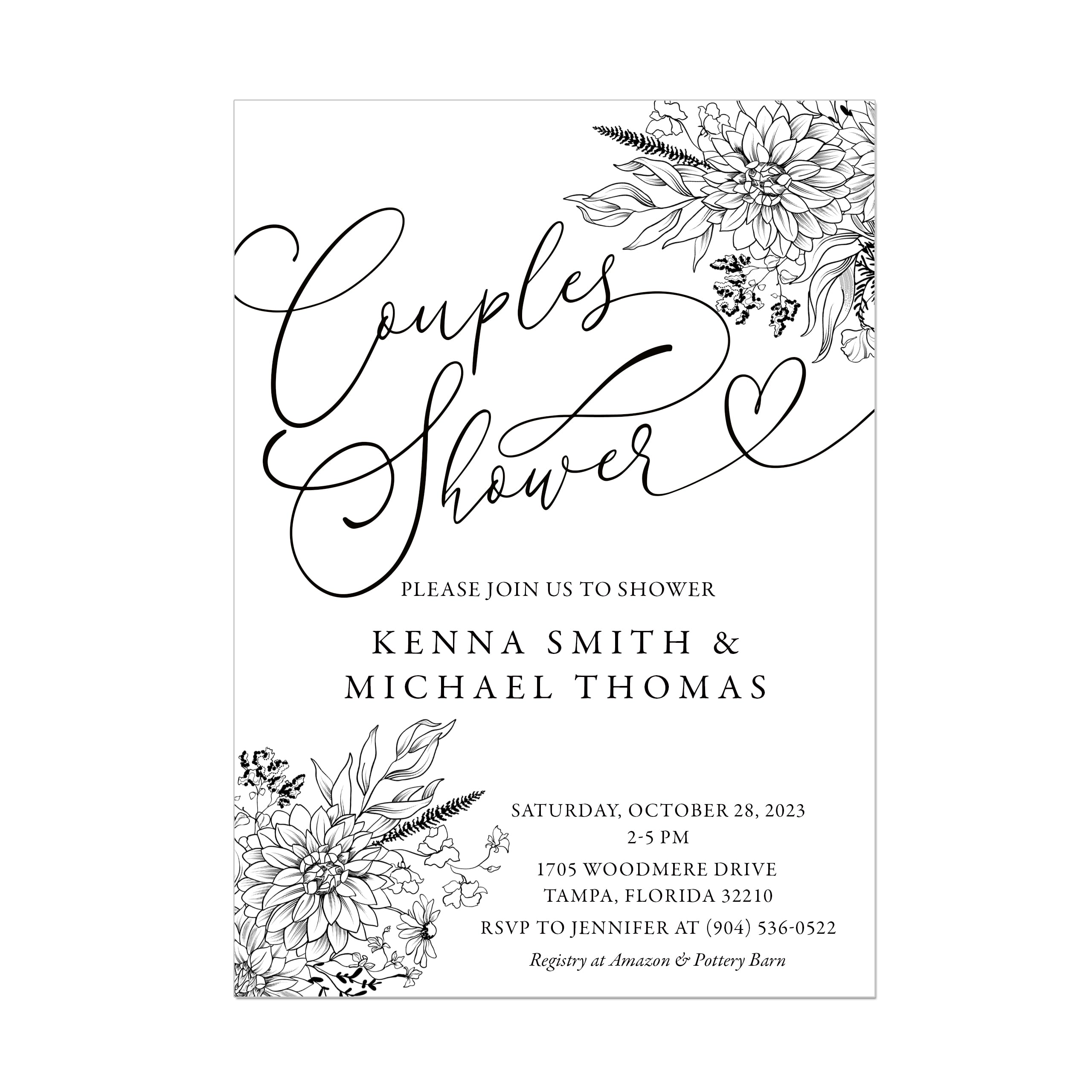 Elegant Black and White Floral Wedding Shower Invitations for Couples - Perfect for Bridal Showers, Engagement Parties & Anniversary Celebrations