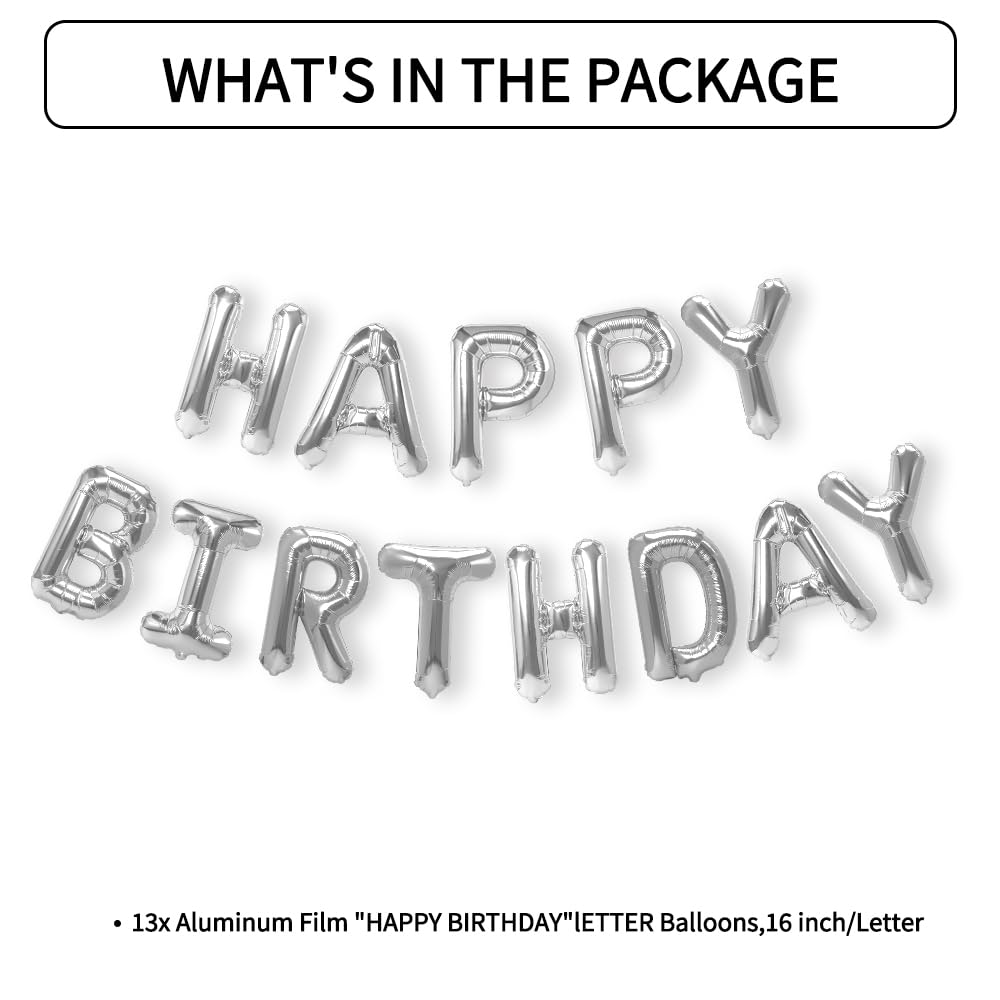 16 Inch Reusable Mylar Foil Balloon Letters - Happy Birthday Banner Sign Kit with Silver Balloons for Kids & Adults Party Decorations | Perfect for Birthday Celebrations, Baby Showers & Anniversary Parties