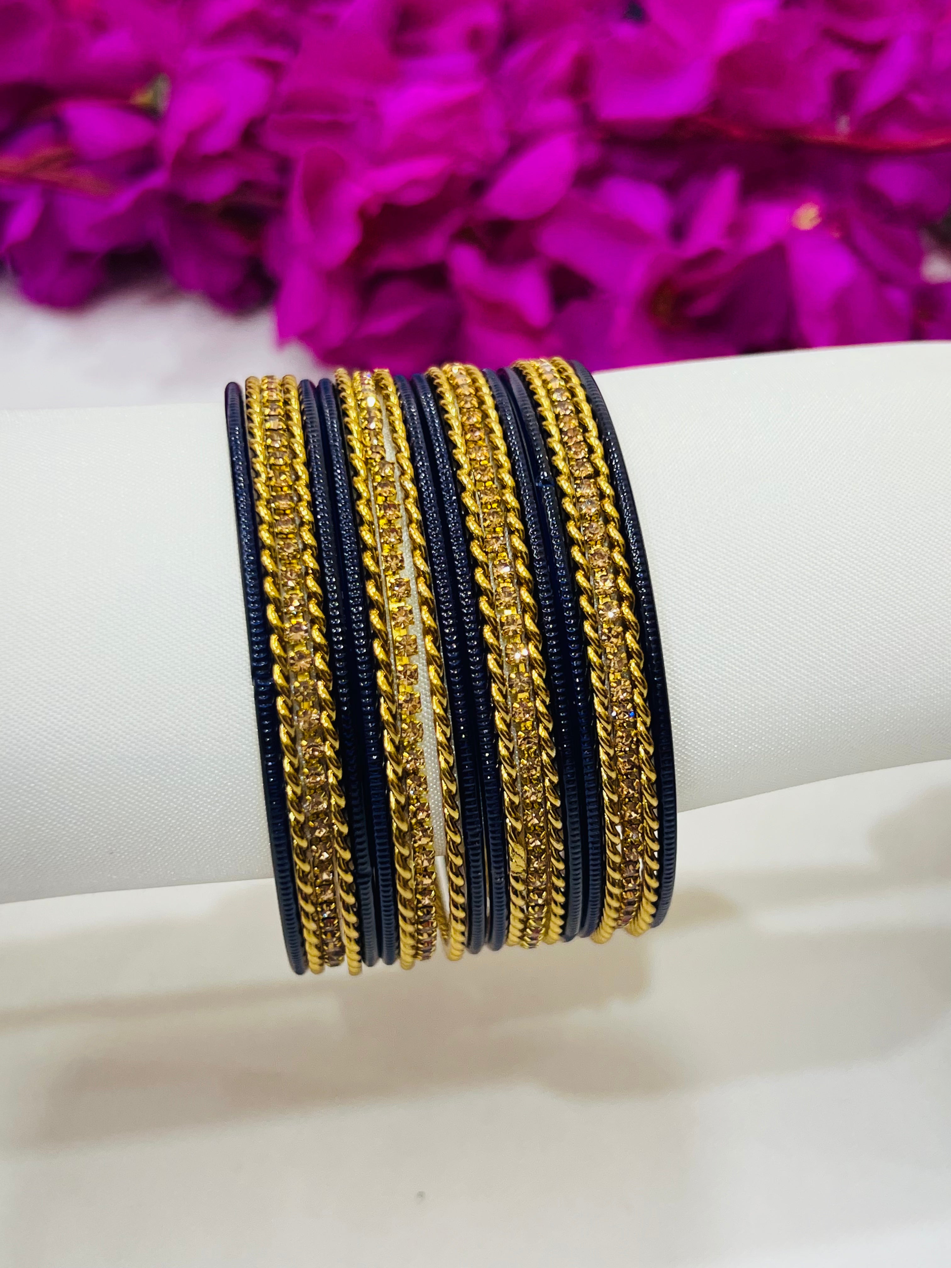 Exquisite Navy Blue Metal Bangles with Golden Stone for Women - Elegant Jewelry for Parties, Weddings & Everyday Wear