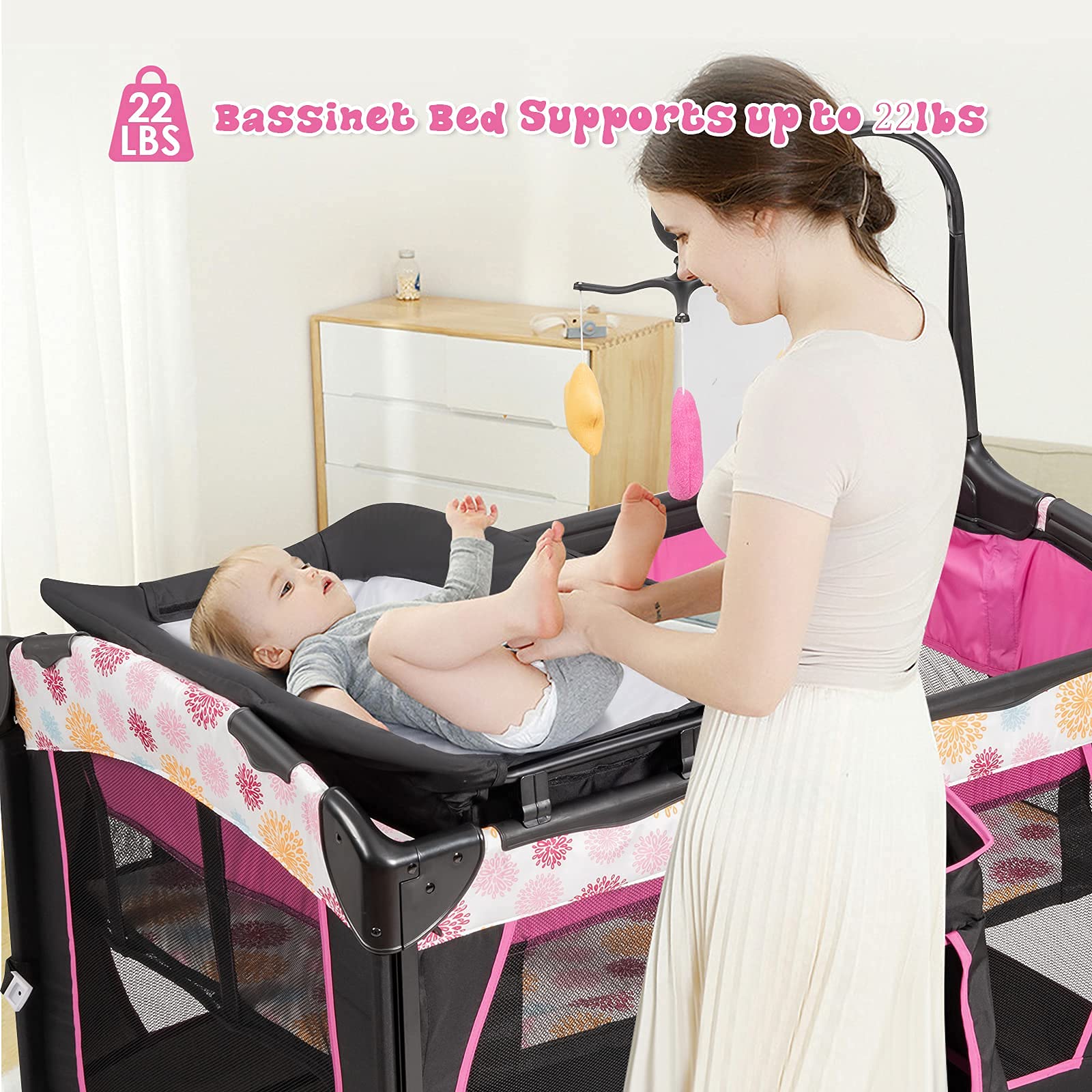 HONEY JOY 4-in-1 Portable Baby Playard with Bassinet, Diaper Changing Table, Storage Bag & Toy Rack | Bedside Sleeper with Music Box for Newborn to Toddlers | Nursery, Travel & Home Use (Rose)