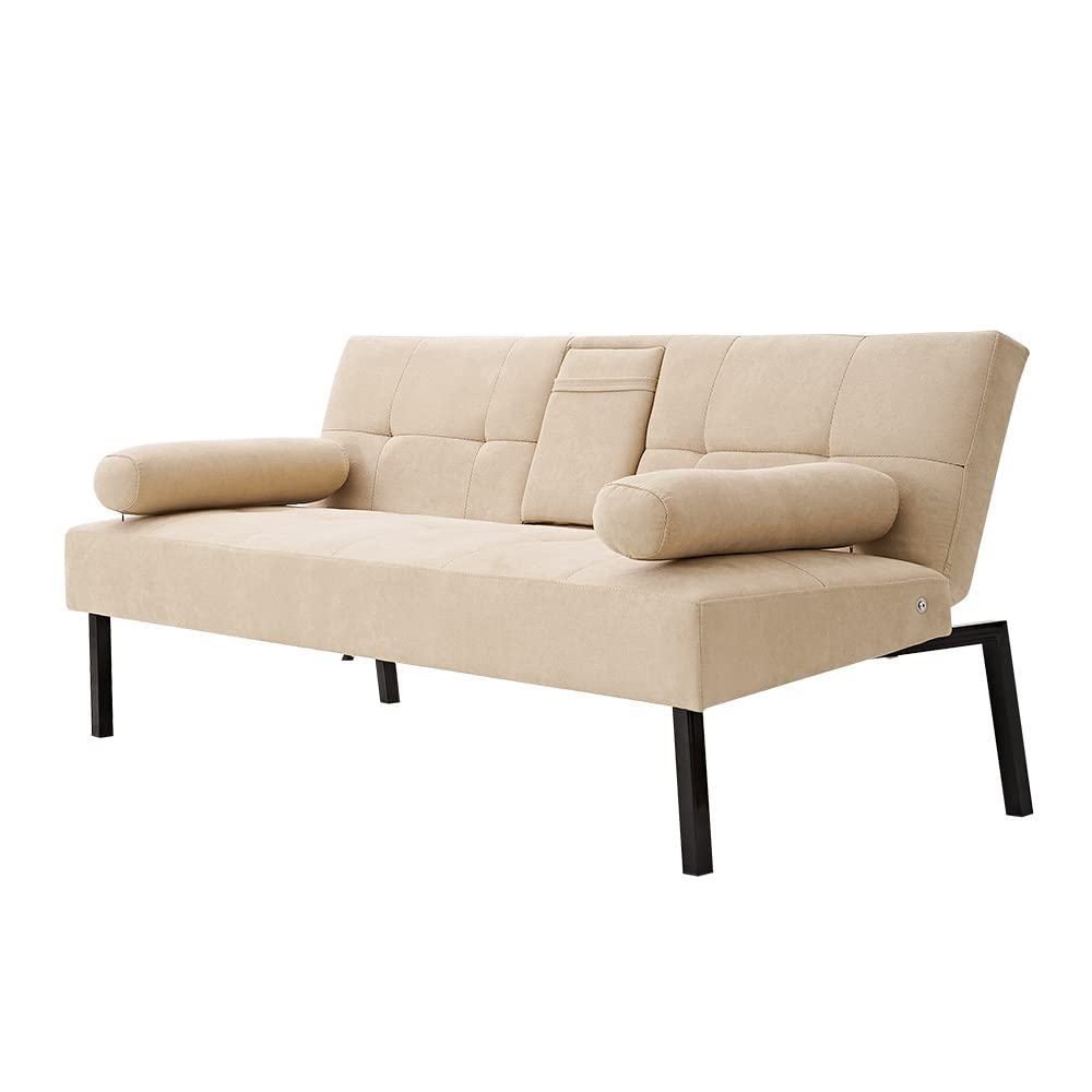 Panana Modern Convertible Futon Sofa Bed - Linen Fabric Upholstered, 5-Angle Adjustable with 2 Cup Holders, Beige | Space-Saving Daybed & Guest Bed for Small Apartments, Dorms & Home Offices