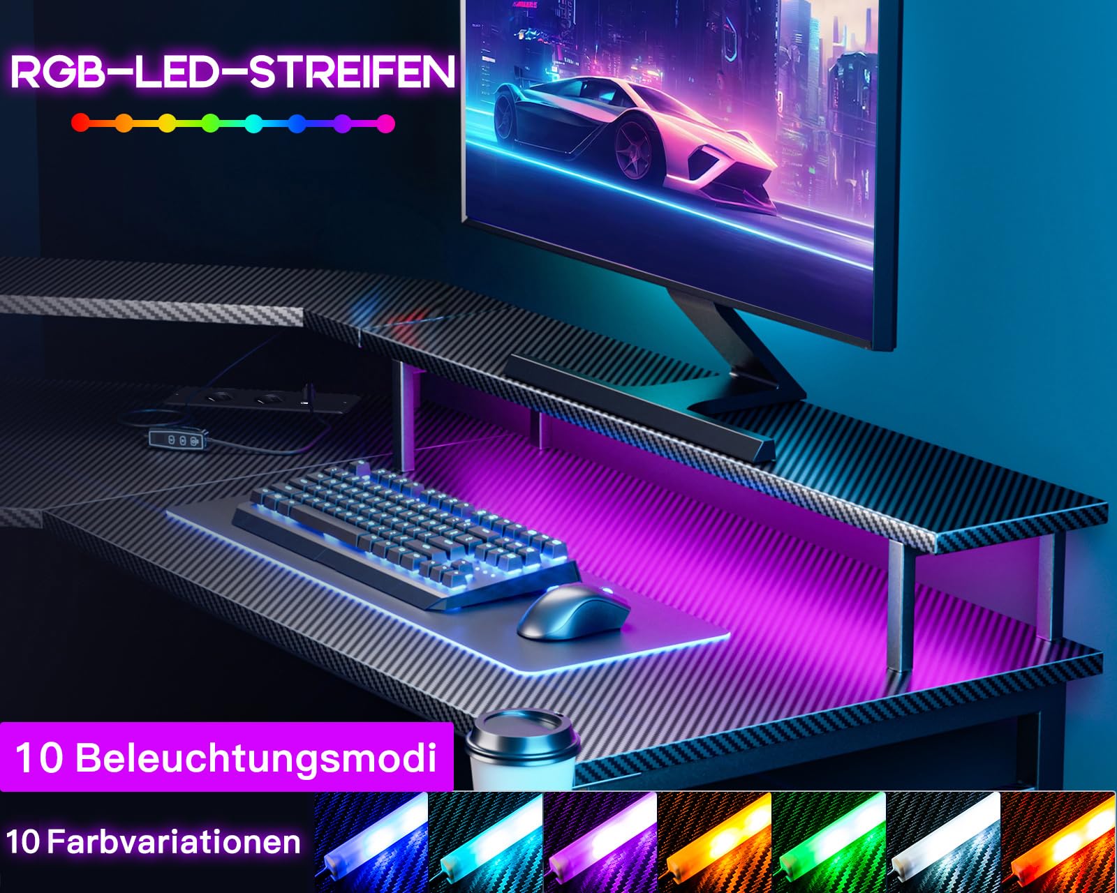 ODK 129x129 cm Gaming Desk with LED Lights, PC Computer Desk with 2 Power Outlets & 2 USB Ports, Large Monitor Stand, Carbon Fiber Black - Perfect for Esports, Streaming & Home Office Setup