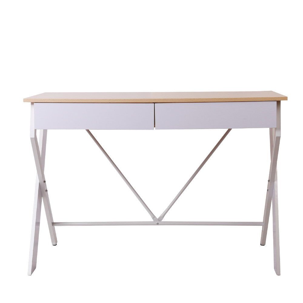 White Metal Desk with Oak Top and Drawer - Modern Home Office Furniture for Small Spaces & Workstations