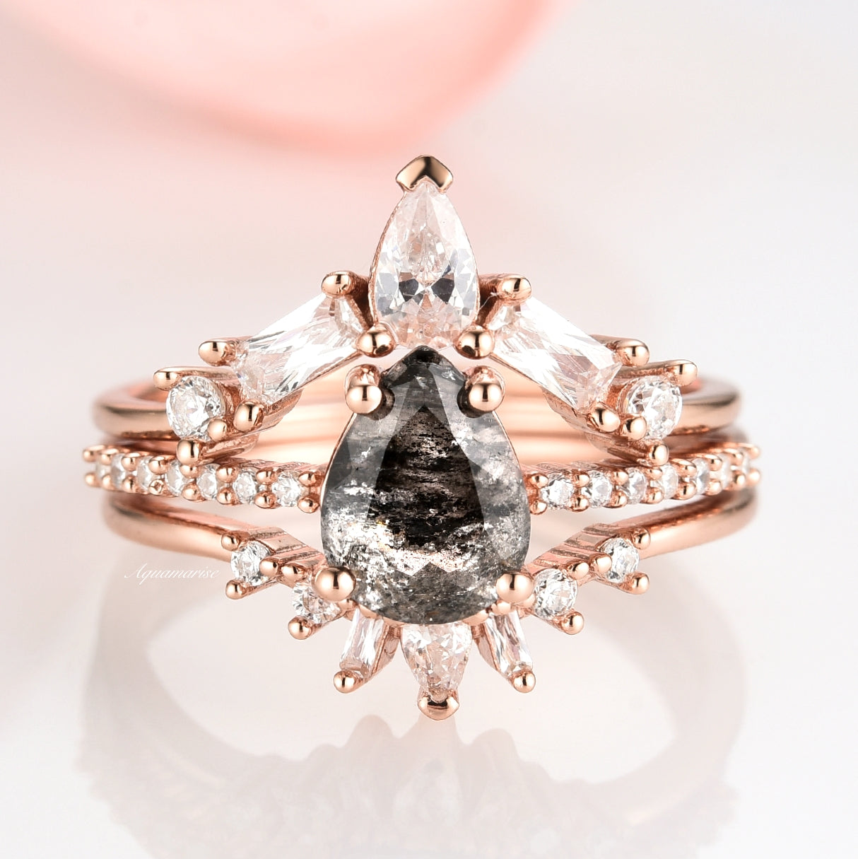 14K Rose Gold Vermeil Herkimer Diamond Ring Set - Raw Salt & Pepper Galaxy Design for Women, Perfect for Engagement, Wedding, Anniversary & Everyday Elegance