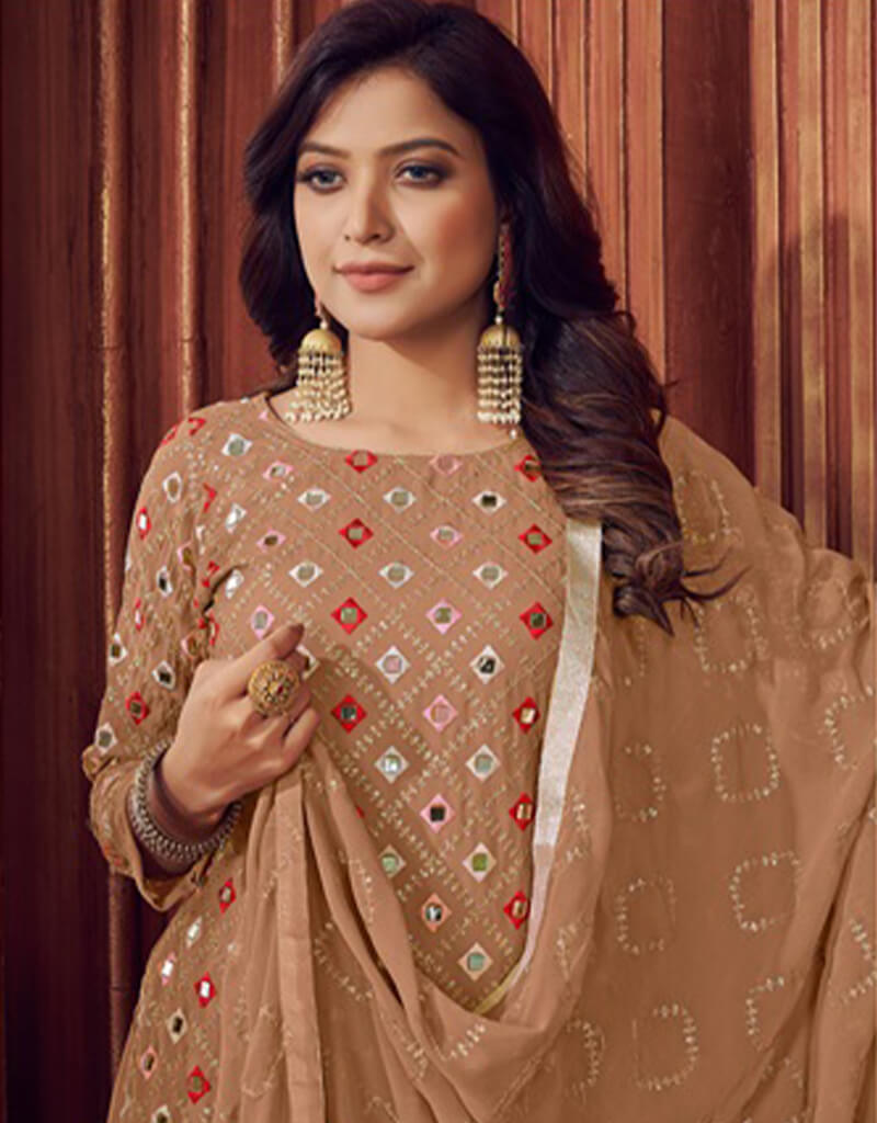Elegant Beige Sharara Style Salwar Kameez - Faux Georgette Pakistani Party Wear for Weddings & Festivals