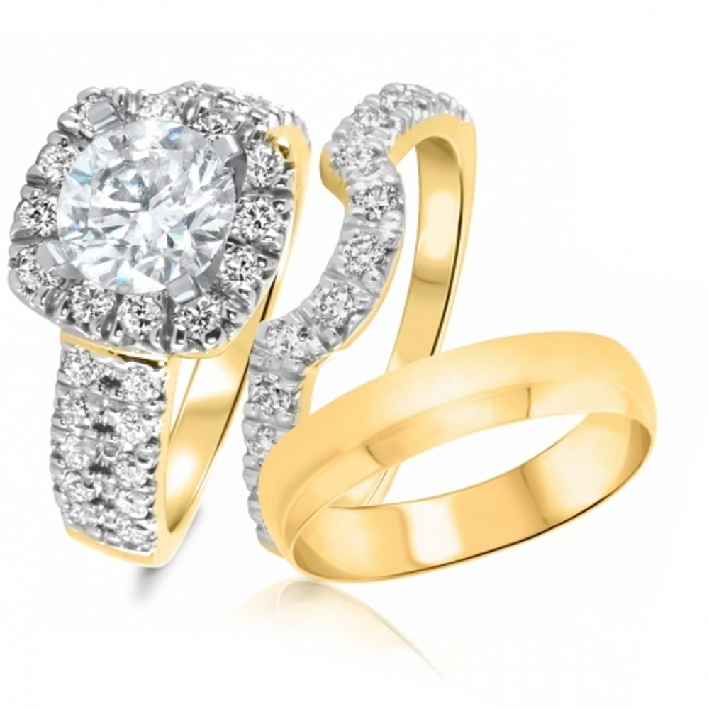14K Yellow Gold Plated CZ Round Bridal Ring Set - Wedding Engagement Band Trio for Men & Women | Perfect for Proposals, Anniversaries & Special Occasions