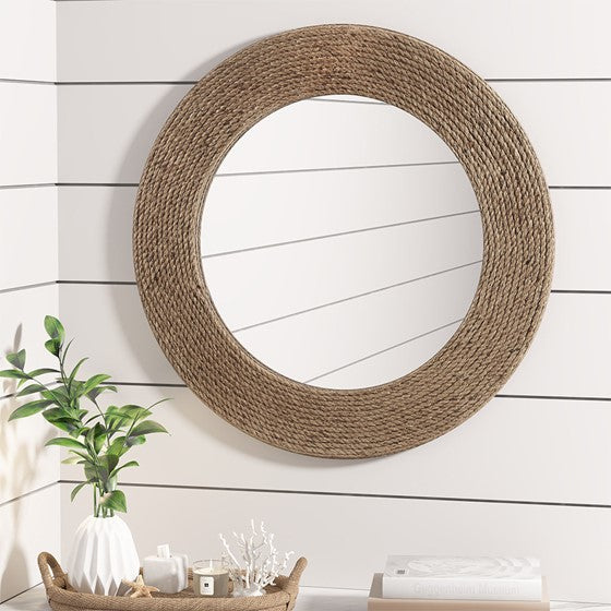 Natural Jute Rope Round Wall Mirror 26 Inch - Boho Coastal Home Decor for Living Room, Bedroom, or Bathroom