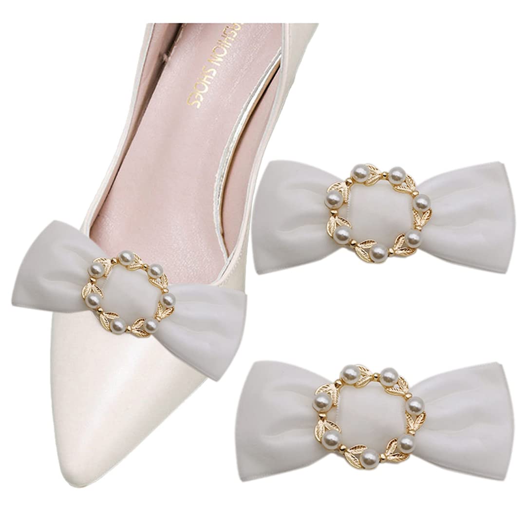 Elegant 2-Piece Velvet Bow Shoe Clips with Artificial Pearl Garland - Removable Shoe Accessories for Women & Girls - Perfect for Weddings, Parties & Special Occasions