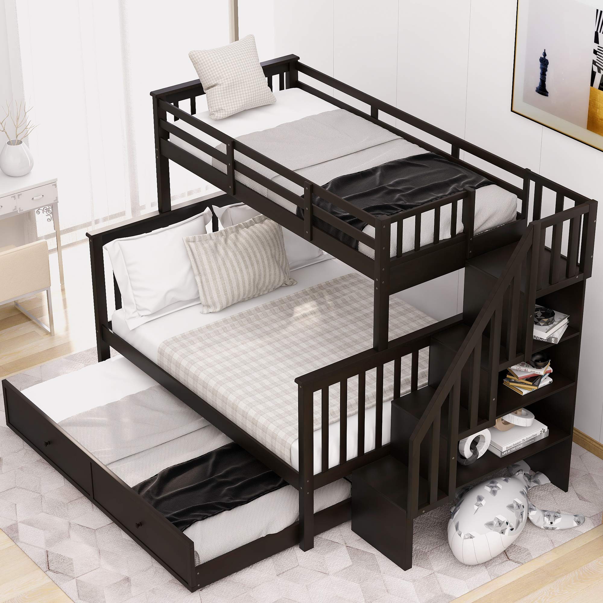 Twin Over Full Bunk Bed with Trundle & Storage Stairs - Solid Wood Loft Bed with Guard Rail & Shelves for Adults - Space Saving Bedroom, Dorm, Kids Room Furniture (Espresso Finish) - Perfect for Small Spaces, Guest Rooms & Shared Bedrooms