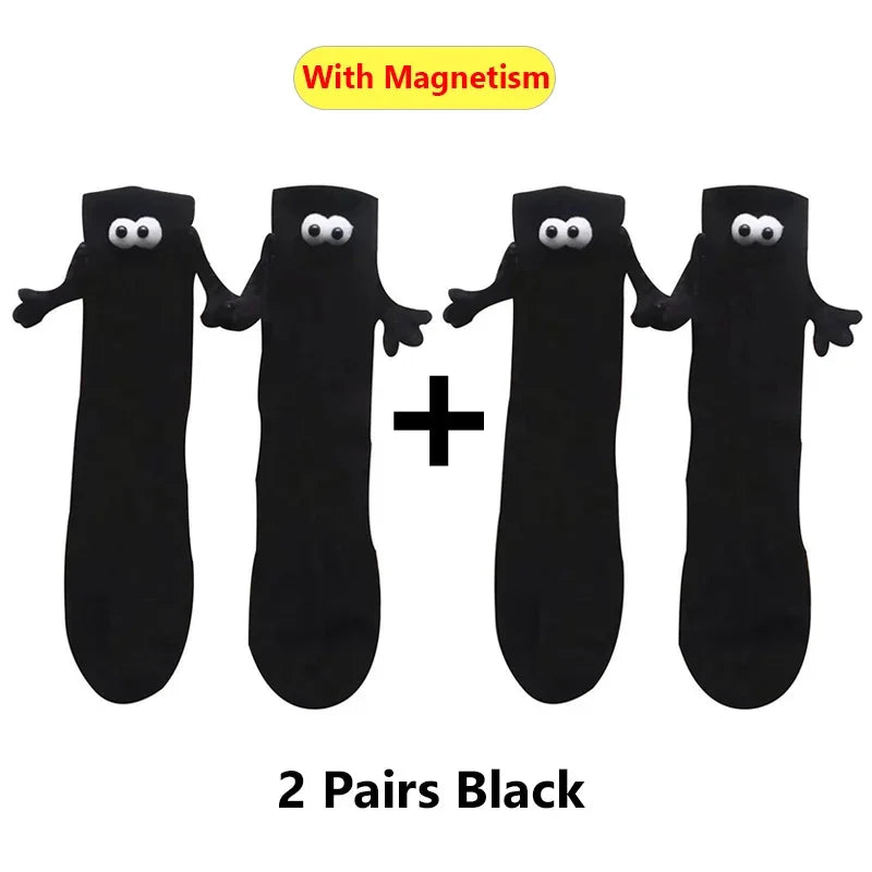 Harajuku Couple Cotton Socks - 2 Pairs Magnetic Hand Holding Socks for Couples, Black & White Unisex Long Socks - Perfect for Valentine's Day Gifts, Anniversary Presents and Romantic Couple Activities