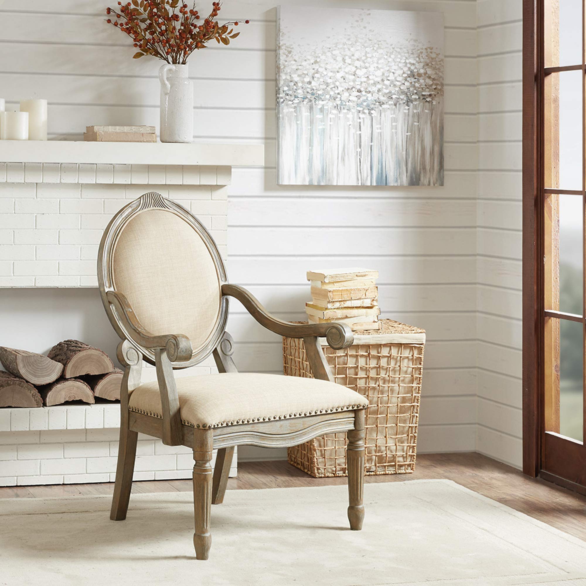 Madison Park Brentwood Accent Chair - Birch Hardwood Frame, Hand Carved Scroll Design, Modern Classic Style Armchair for Living Room, Bedroom & Lounge - Medium Beige Upholstered Sofa Chair - Perfect for Reading Nook, Home Office or Cozy Corner Decor