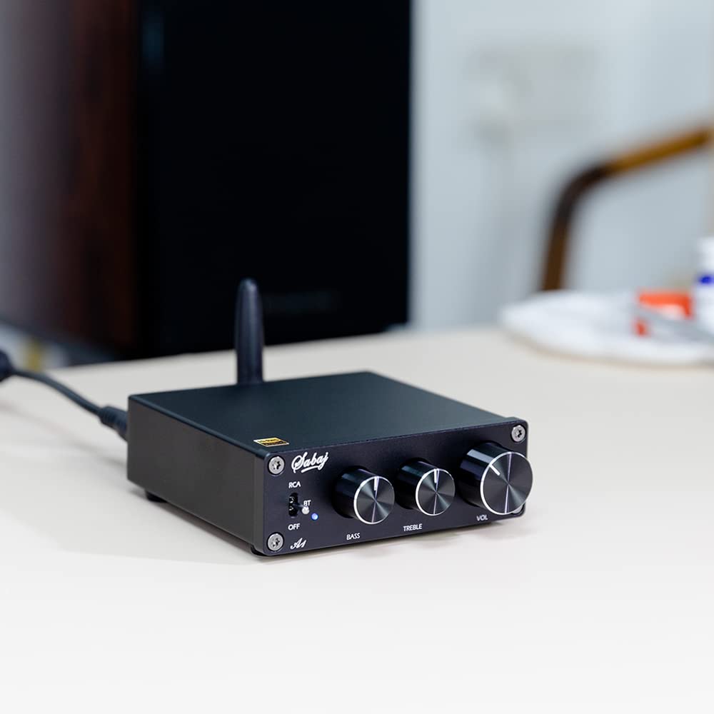 SABAJ A1 Bluetooth 5.0 Digital Amplifier - 80W x 2 HiFi Stereo Receiver with MA12070 Chip, Class D 2.0 Channel Audio AMP for Home Theater & Bookshelf Speakers - Bass & Treble Control Knobs for Perfect Sound Tuning
