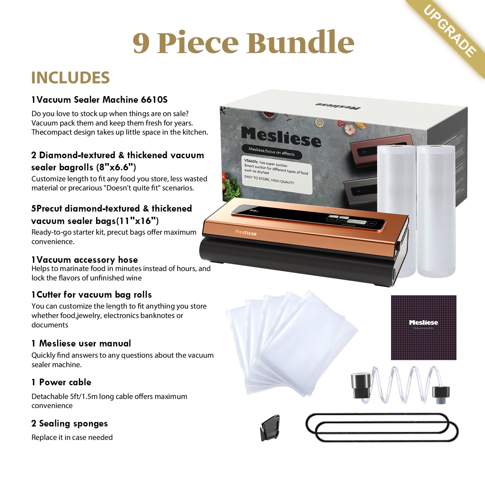 Powerful 90Kpa Vacuum Sealer Machine - 6-in-1 Compact Food Preservation System with Built-in Cutter, 2 Bag Rolls & 5 Pre-cut Bags | Dry & Moist Modes | Smart Suction | ETL Listed (Copper) | Perfect for Meal Prep, Sous Vide, Freezing & Long-Term Food Storage