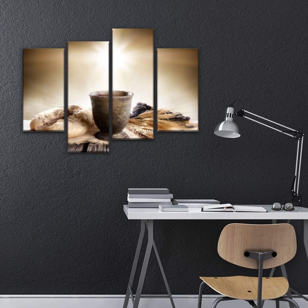 4 Panels Canvas Wall Art - Communion Unleavened Bread & Wine Chalice Religious Paintings - Modern Framed Posters Ready to Hang for Home, Church & Office Decor - Perfect for Christian Gift, Easter Celebration & Spiritual Spaces