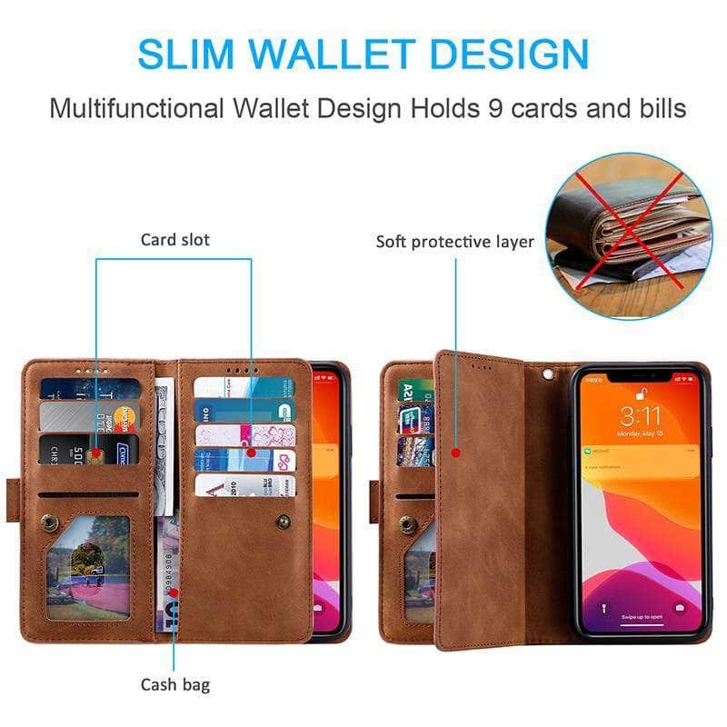 Premium 9-Card Zipper Flip Leather Wallet Case for iPhone 13 Mini - RFID Protection & Phone Cover - Perfect for Travel, Business & Everyday Use