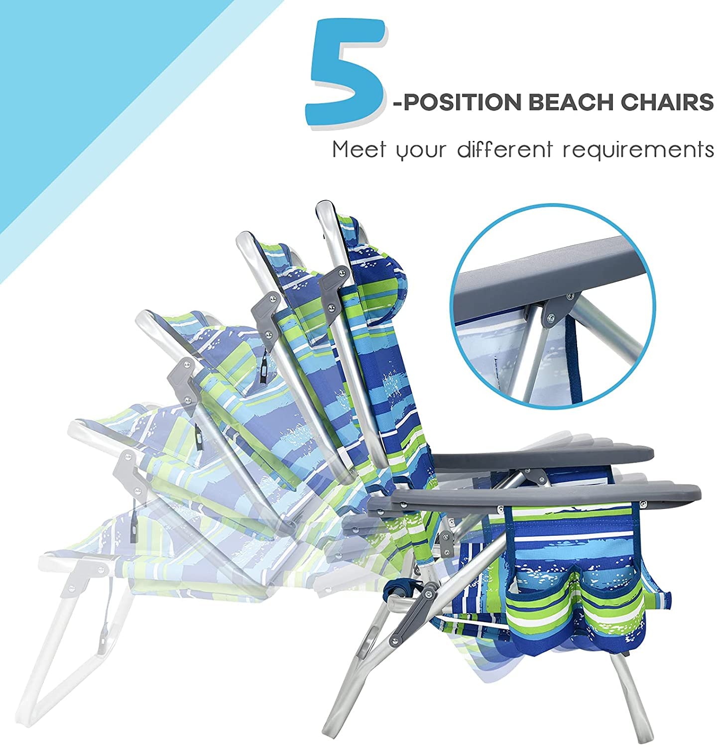 Goplus Folding Beach Chair for Adults - 5 Position Adjustable with Head Pillow, Cooler Bag, Towel Bar & Cup Holders - Portable Backpack Design for Sunbathing, Tanning, Camping & Outdoor Relaxation