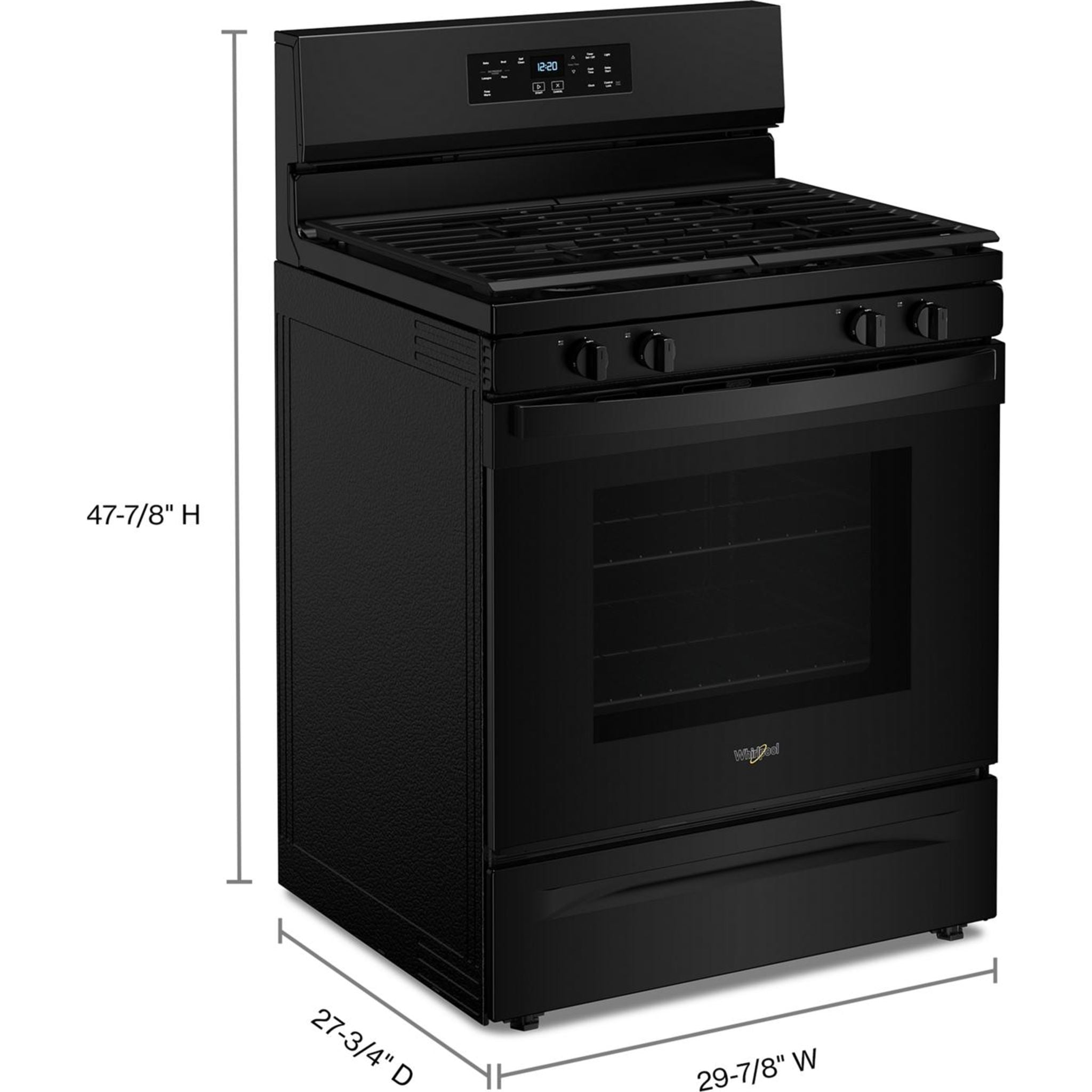 Whirlpool 30-Inch Gas Range WFGS3530RB - Black Stainless Steel Freestanding Stove with 5 Sealed Burners & Convection Oven - Perfect for Home Kitchens & Open-Concept Living Spaces