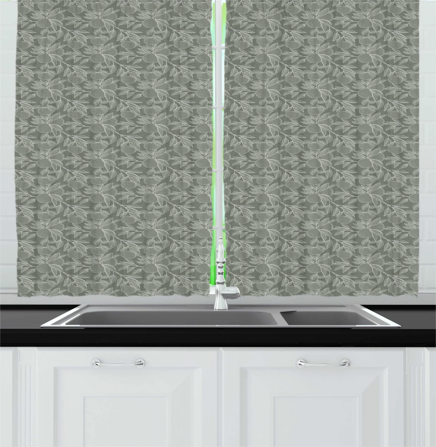 Ambesonne Nature Long Kitchen Curtains - Monochrome Mandarin Tree Branches Citrus Forest Design, Tropical Summer Theme, 2 Panel Drapes with Rod Pocket, 55