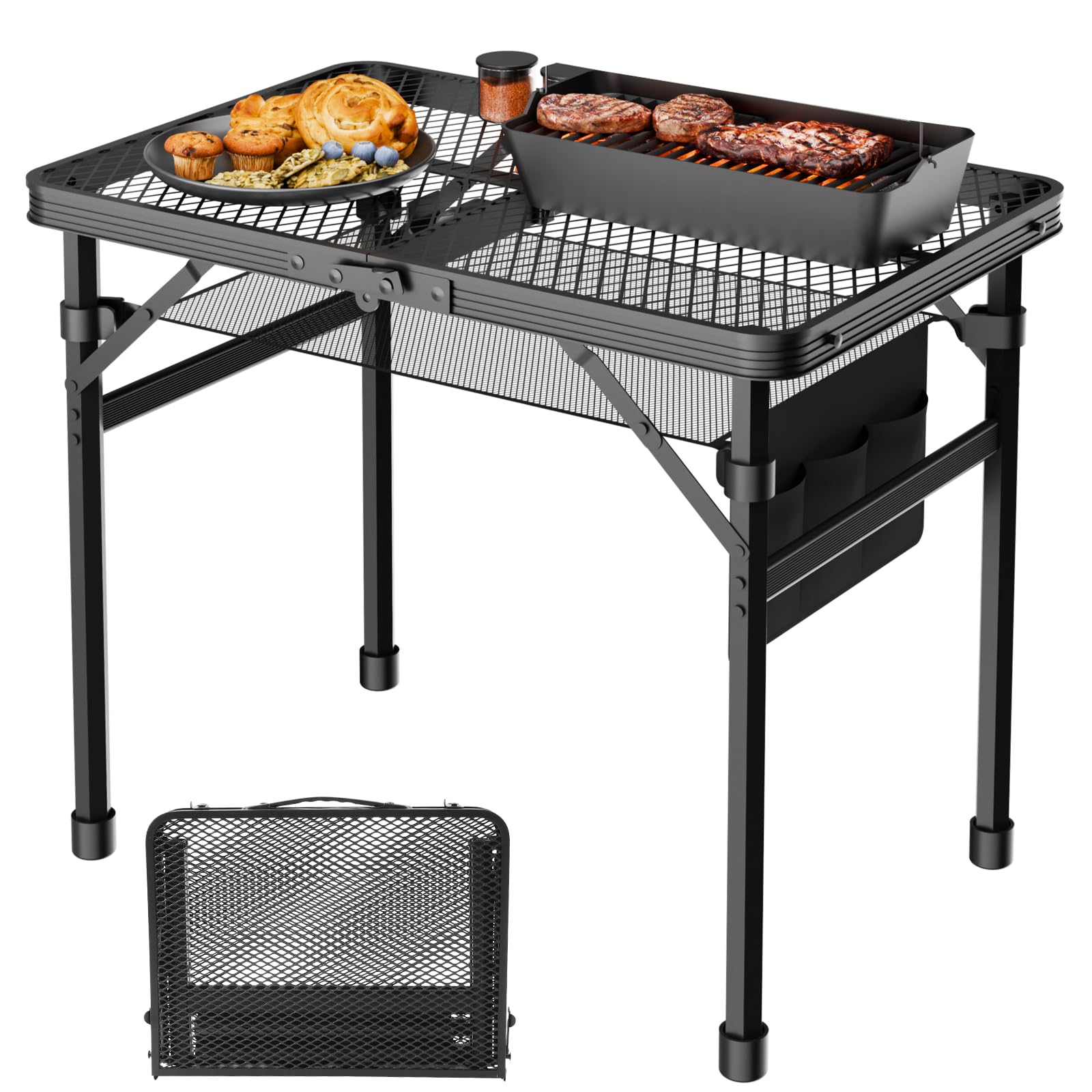 Portable Folding Camping Table 2x1.3 FT - Lightweight Outdoor Picnic Table with Mesh Desktop & Storage Bag - Perfect for BBQ, Beach, Tailgating & Backpacking (Black)