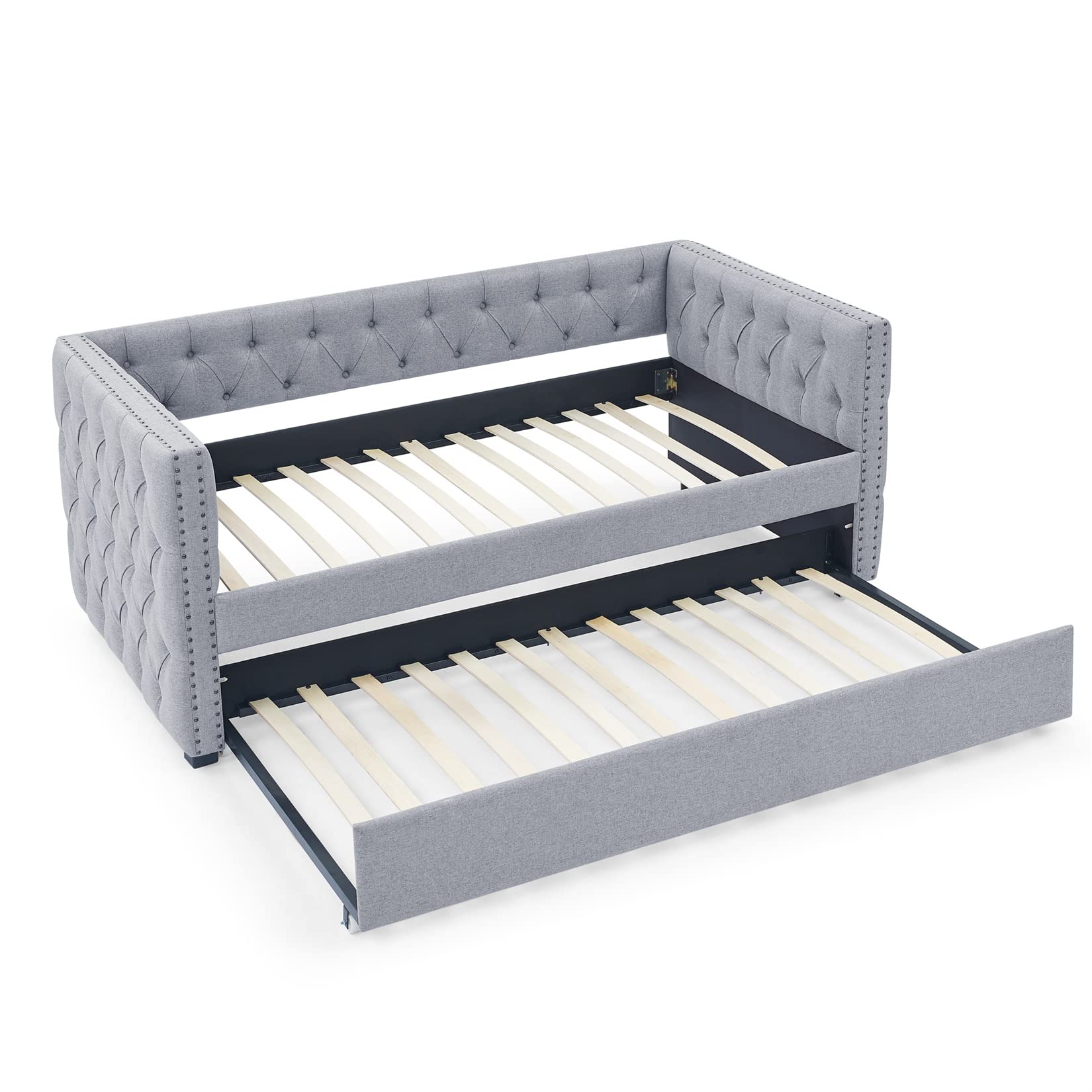 Bellemave Twin Upholstered Daybed with Trundle - Mid Century Modern Tufted Button Sofa Bed Frame with Wood Slats - Gray Twin Size Daybed for Living Room, Guest Room & Small Space