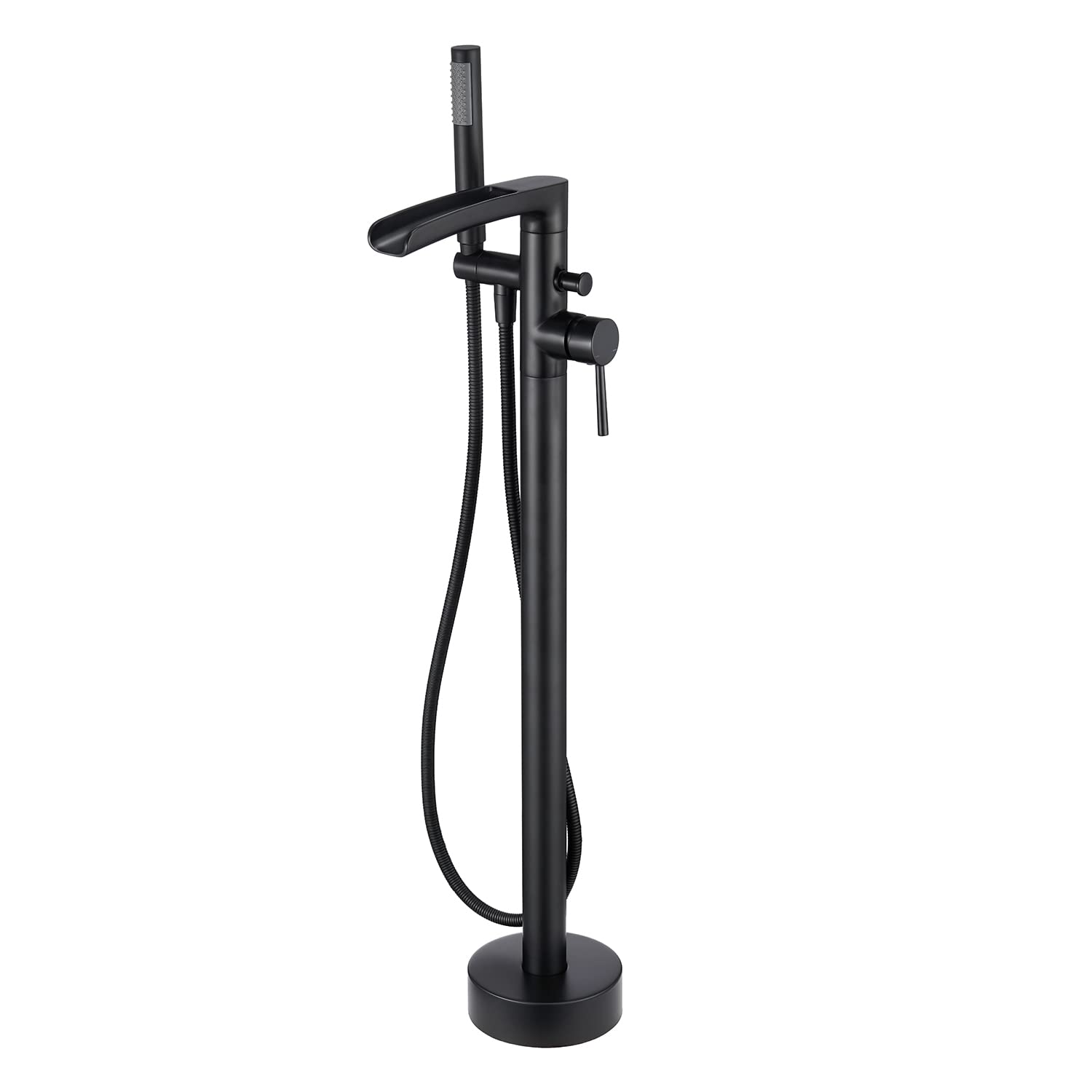 Qinkell Freestanding Bathtub Faucet - Floor Mount Waterfall Tub Filler with Shower Diverter, Black Bath Faucet with 360° Swivel Spout & Handheld Showerhead | Perfect for Modern Bathroom, Spa, and Luxury Bathtub Installations
