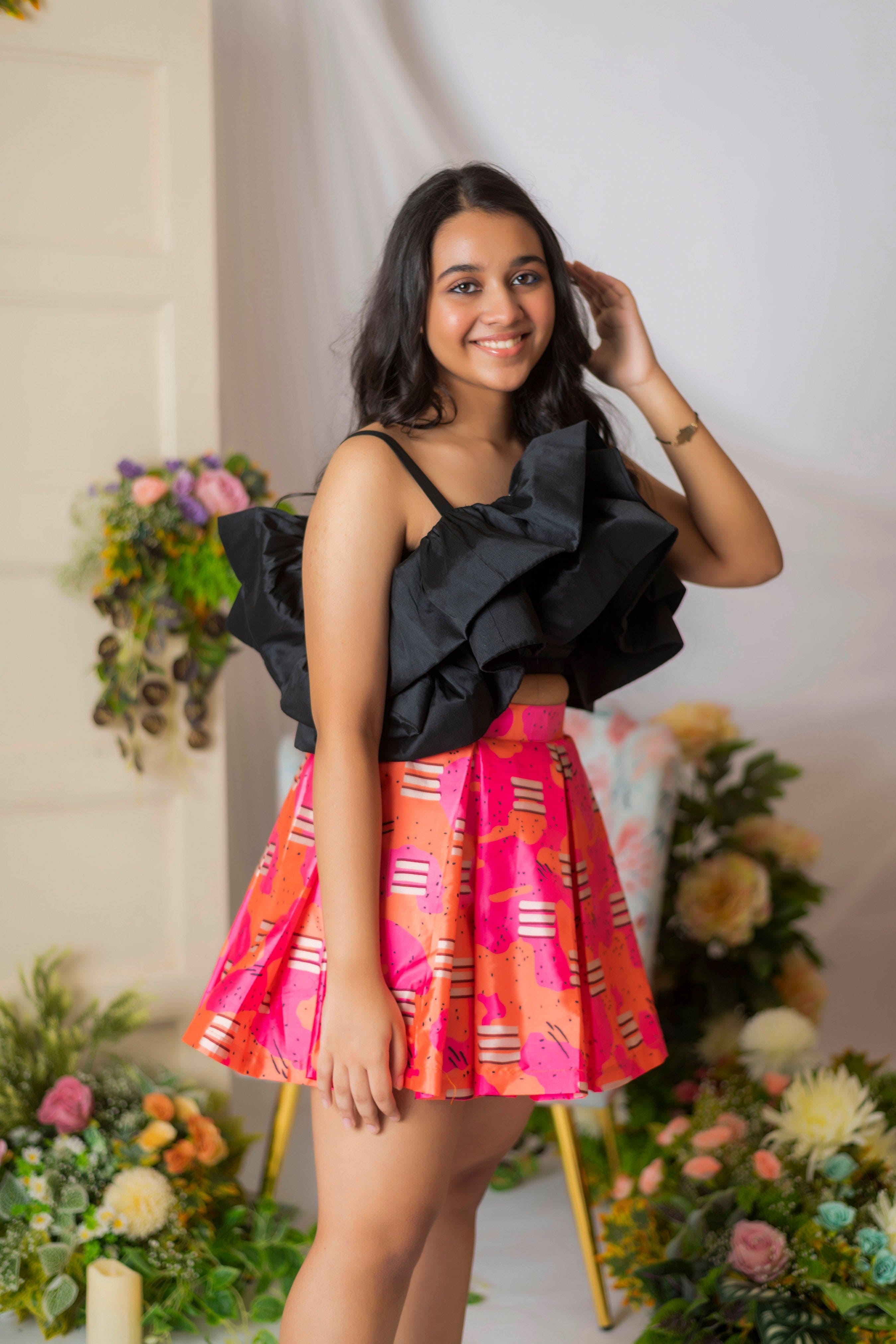 Pre Order: Stylish Candy Print Skirt & Black Layered Top Set - Perfect for Parties, Dates & Casual Outfits