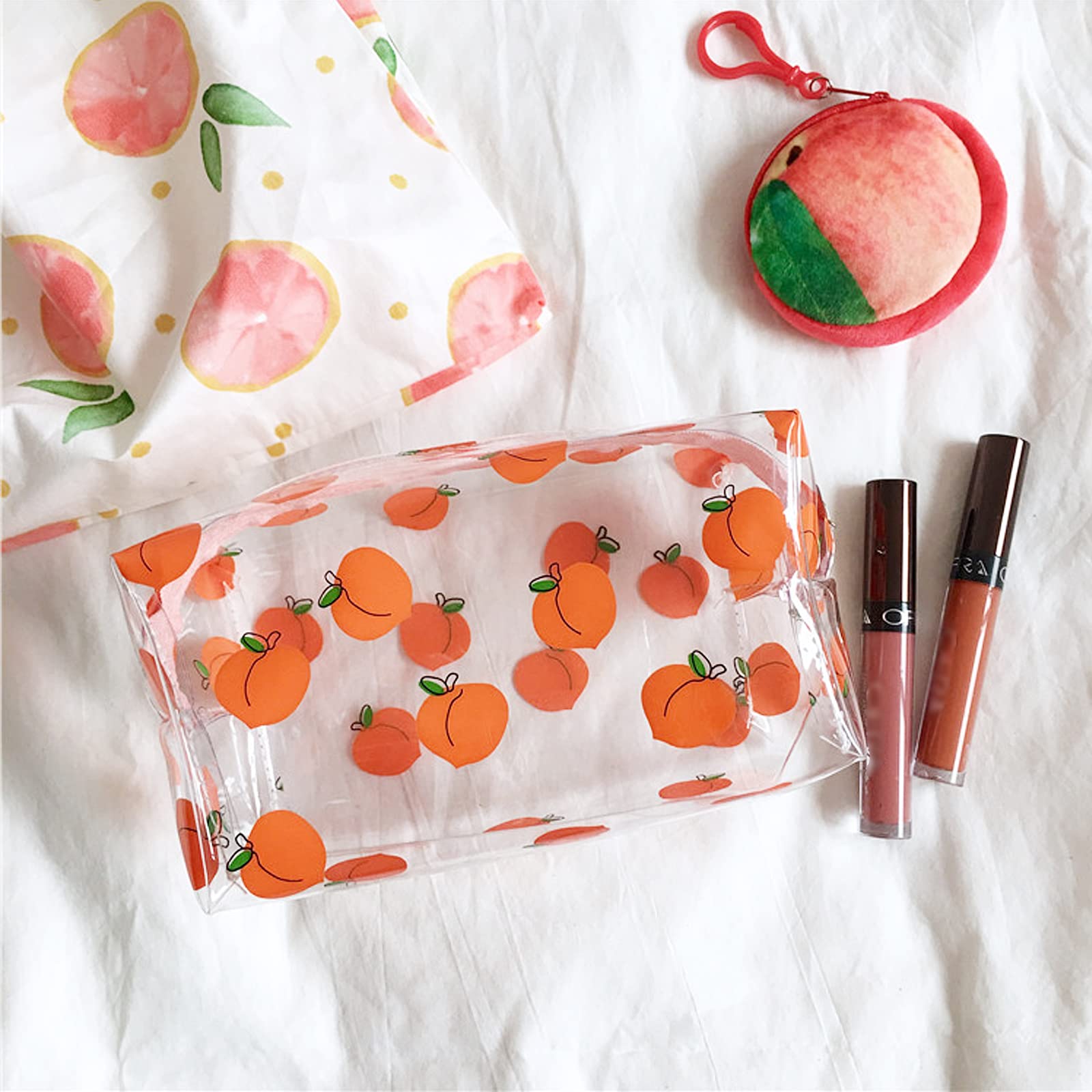 Cute Kawaii Clear Makeup Bag Organizer - Large Capacity Zippered Cosmetic Pouch, Cartoon Toiletry Storage Case for Women, 3-Pack Transparent Travel & Office Essentials (Fruit Design) - Perfect for Travel, Gym, and Daily Beauty Organization