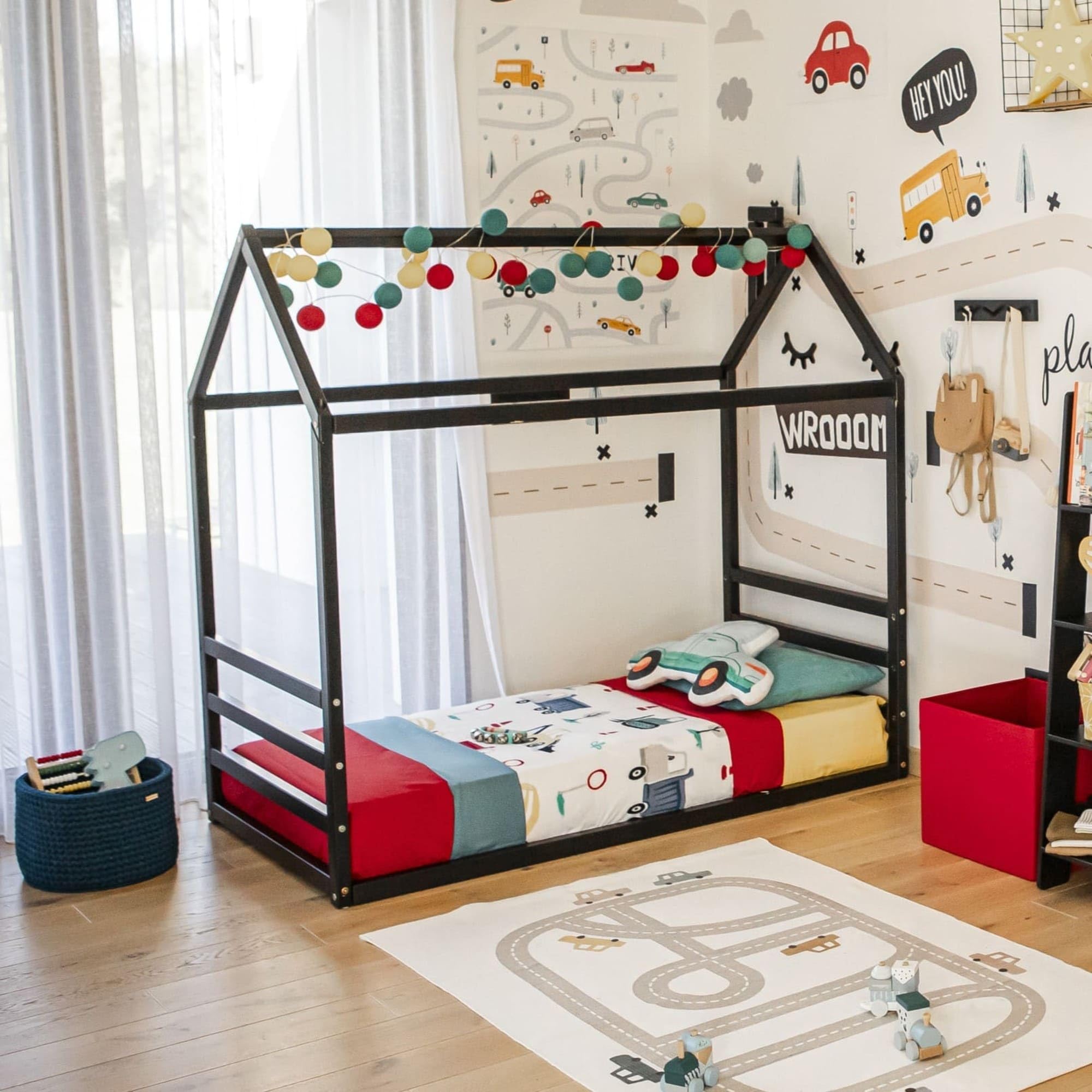 Montessori House Bed for Toddlers & Kids - Twin Size Floor Bed with Safety Rails - Perfect for Montessori Bedrooms, Playrooms & Cozy Sleep Spaces