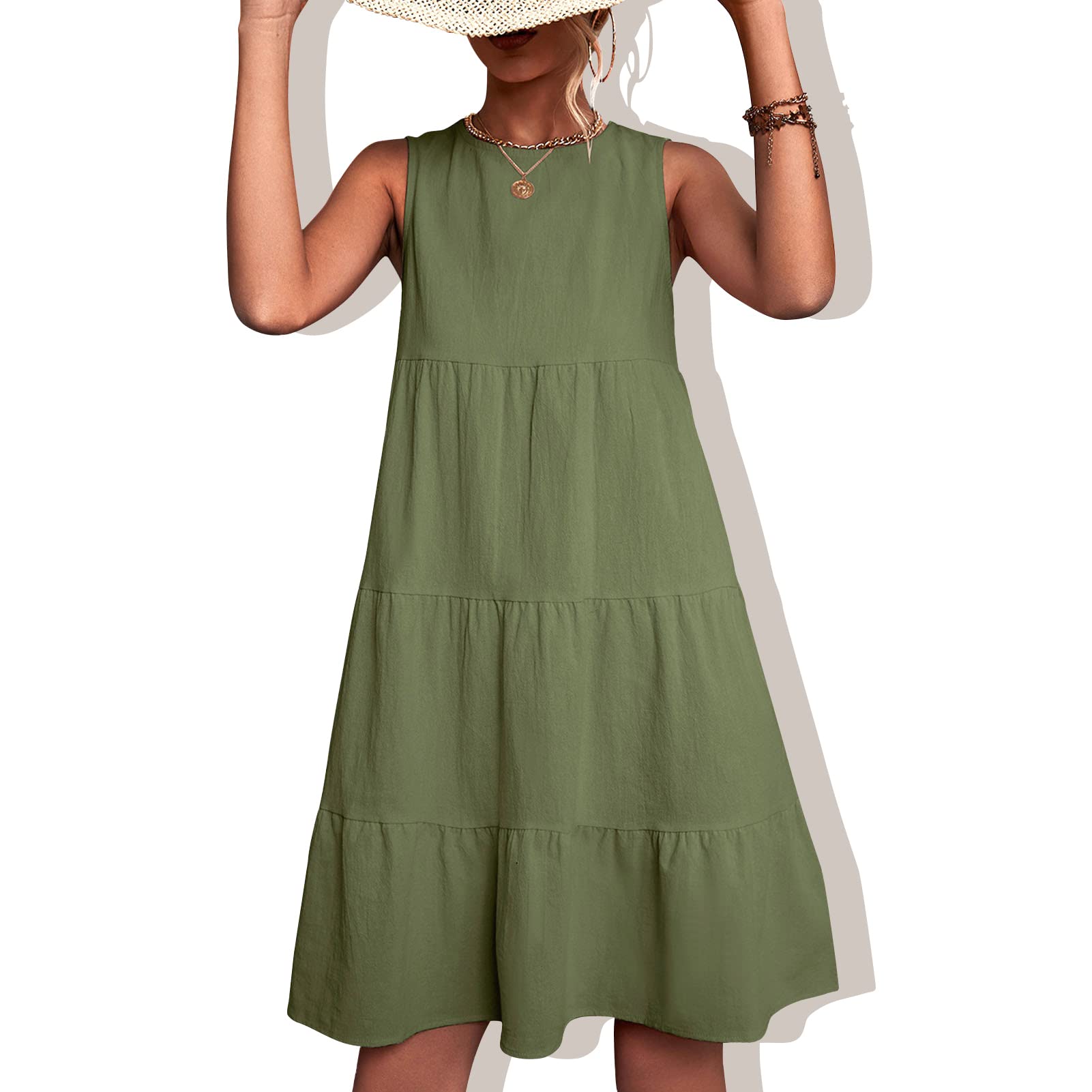 Zerone Women's Sleeveless Tiered Summer Dress - Round Neck Casual Solid Loose Hem Elegant Dress for Beach, Vacation & Everyday Wear