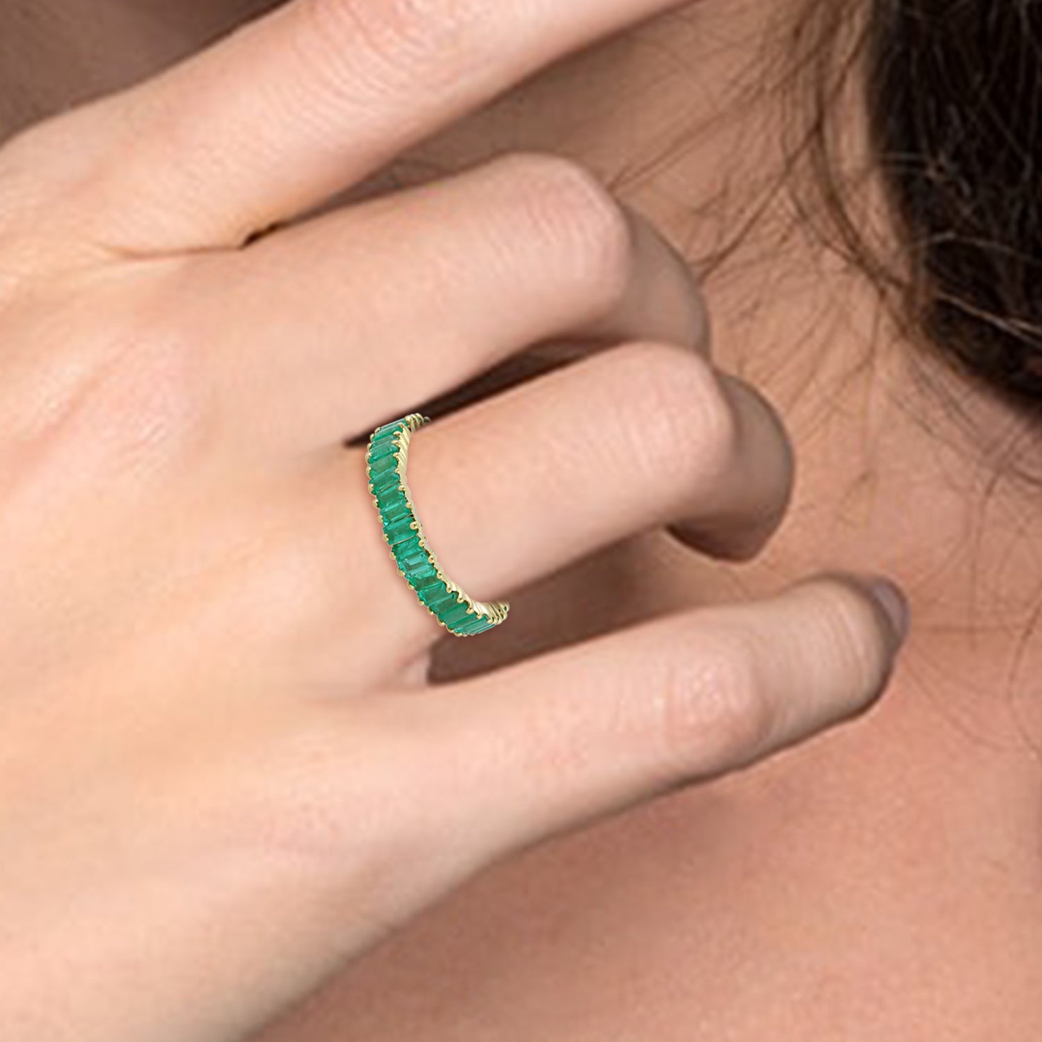 18K Yellow Gold Baguette Cut Emerald Eternity Band Ring - Elegant Wedding, Anniversary & Gift Jewelry for Women