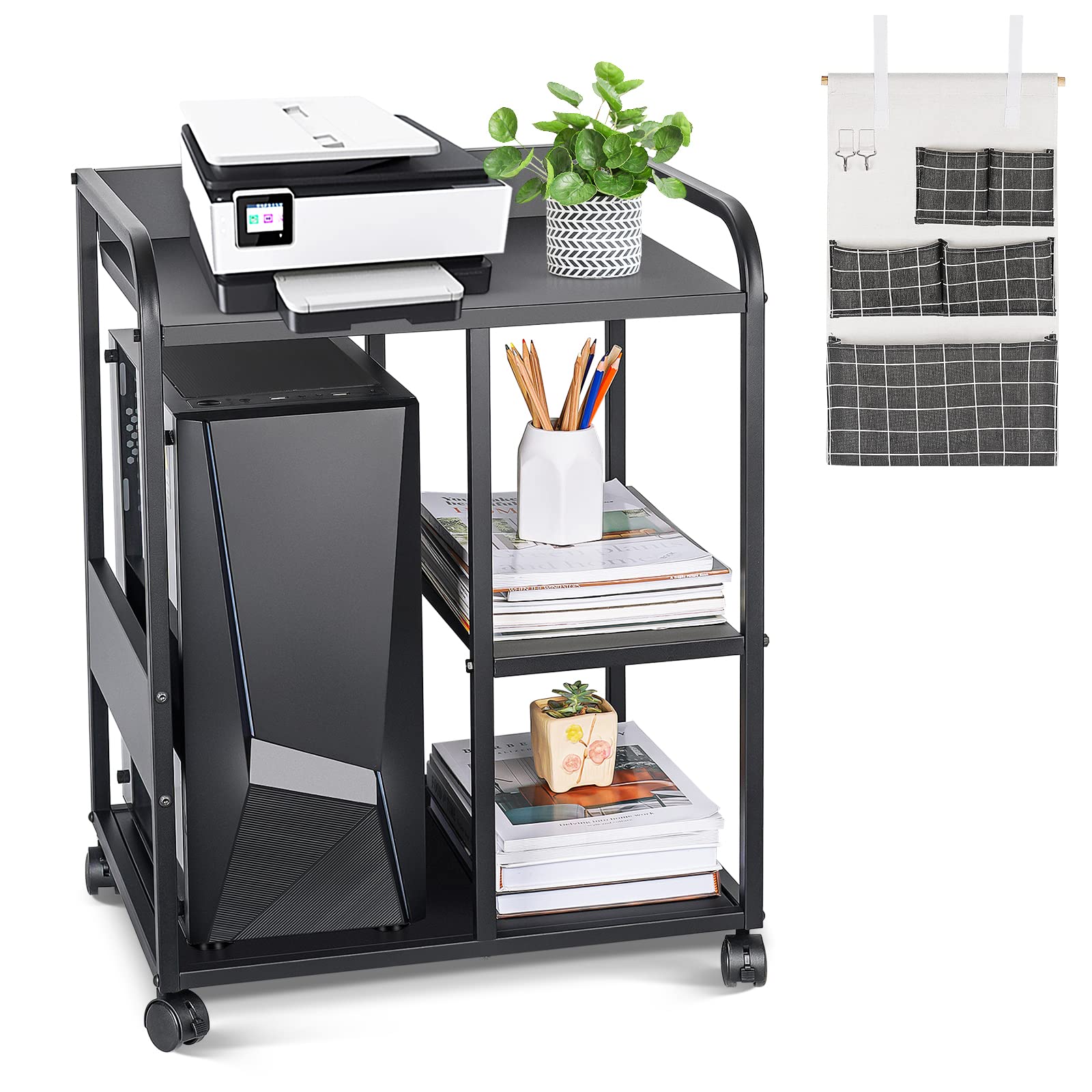 3-Tier Rolling Mobile Printer Stand with Storage & Hanging Bag - Under Desk Computer Tower Organizer for Home Office - Compact Workspace Solution for Printers, Scanners & Office Supplies (Black)