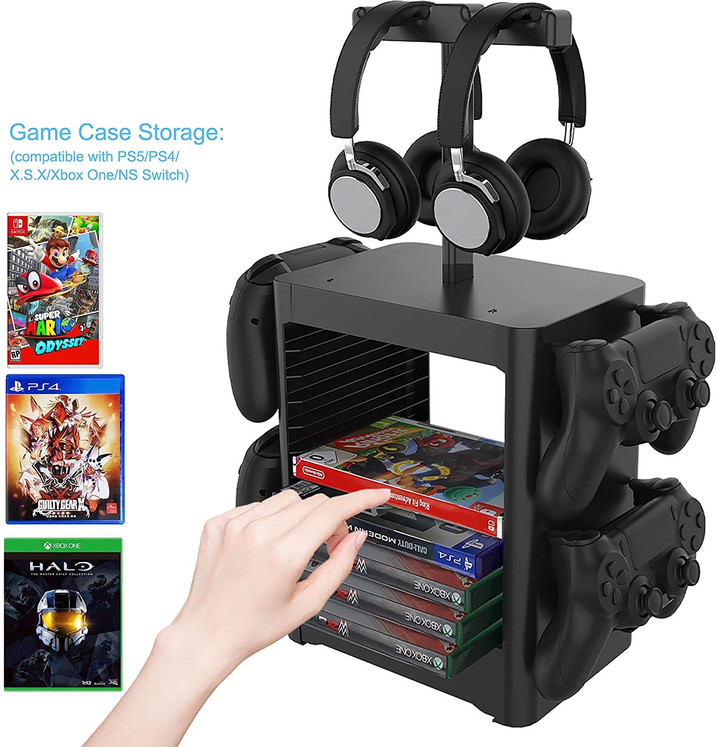PS5 Stand with Storage Tower - Holds 10 Game Discs, 4 Controllers & 2 Headsets - Multi-Functional Organizer for PS5, PS4 & XBOX Series - Perfect for Gaming Setup & Accessories Storage