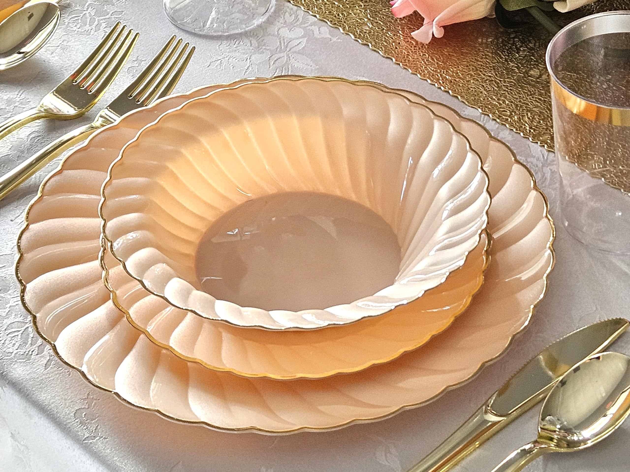 240 Pack Heavyweight Disposable Plastic Bowls - 12oz Wedding Party Soup Bowls in Blossom Blush & Gold | Elegant Dinnerware for Weddings, Baby Showers & Catering Events