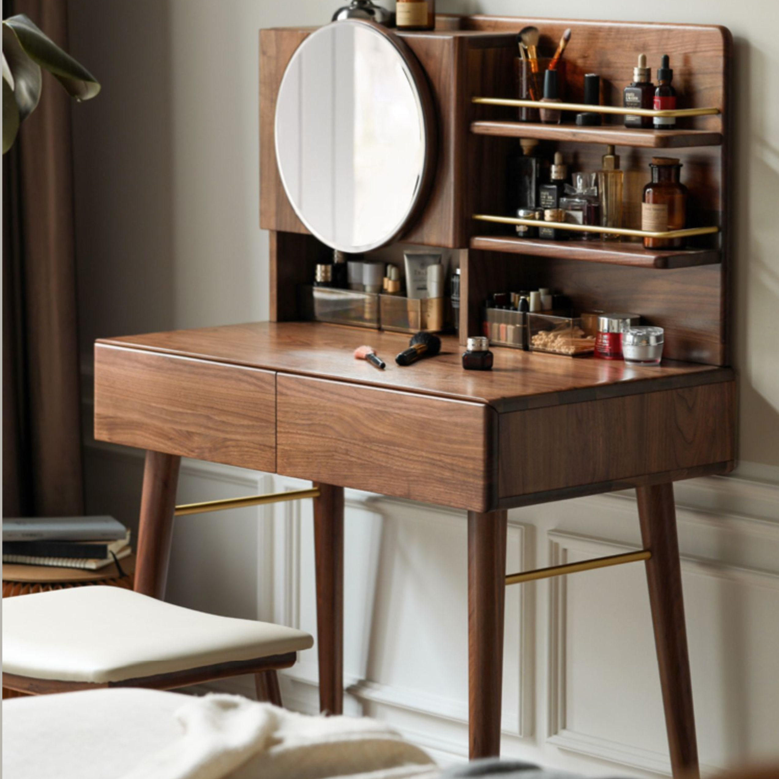Black Walnut Solid Wood Moon Makeup Mirror Vanity Dressing Table - Elegant Bedroom & Bathroom Decor for Women