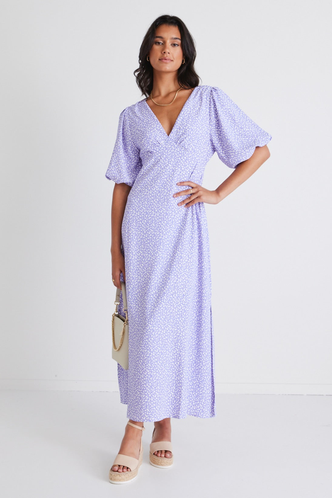 Empire Lilac Ditsy Floral Print Puff Sleeve Midi Dress for Women - Perfect for Spring Weddings, Garden Parties & Date Nights