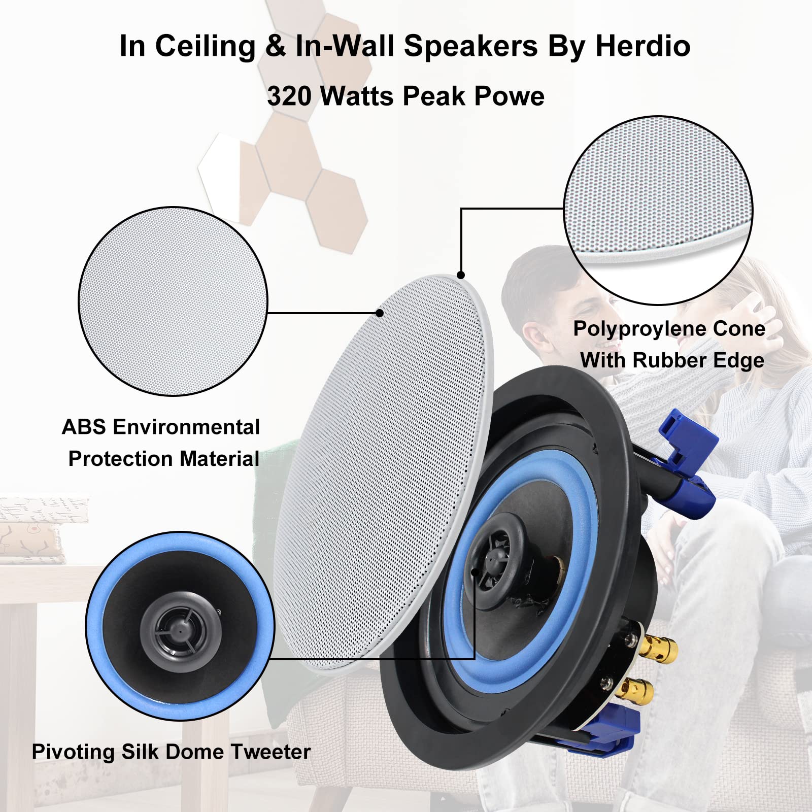 Herdio 4 Inch 2-Way Bluetooth Ceiling Speakers with 4 Channel Amplifier Receiver - Wireless/Wired Home Audio System for Home Theater, Living Room, Office & Outdoor Entertainment (Set of 4)