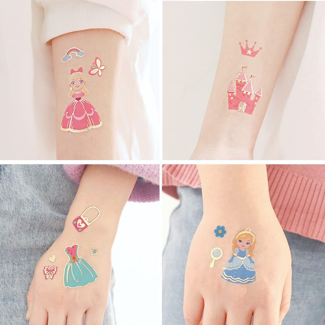 Glitter Princess Temporary Tattoos for Girls - 70 Gold Glitter Styles, Kids Birthday Party Favors, Princess Themed Party Decorations | Perfect for Birthday Parties, Dress-Up Play, and Special Events