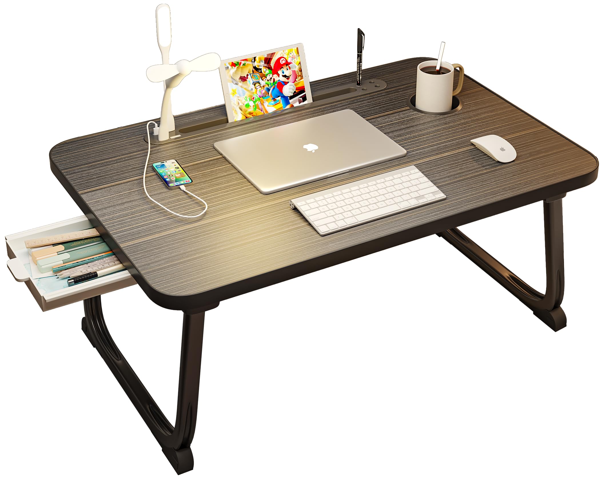 Foldable Laptop Desk with USB Charging Ports, LED Light & Storage Drawer - Portable Workstation for Bed, Sofa, Floor - Perfect for Home Office, Gaming & Remote Work