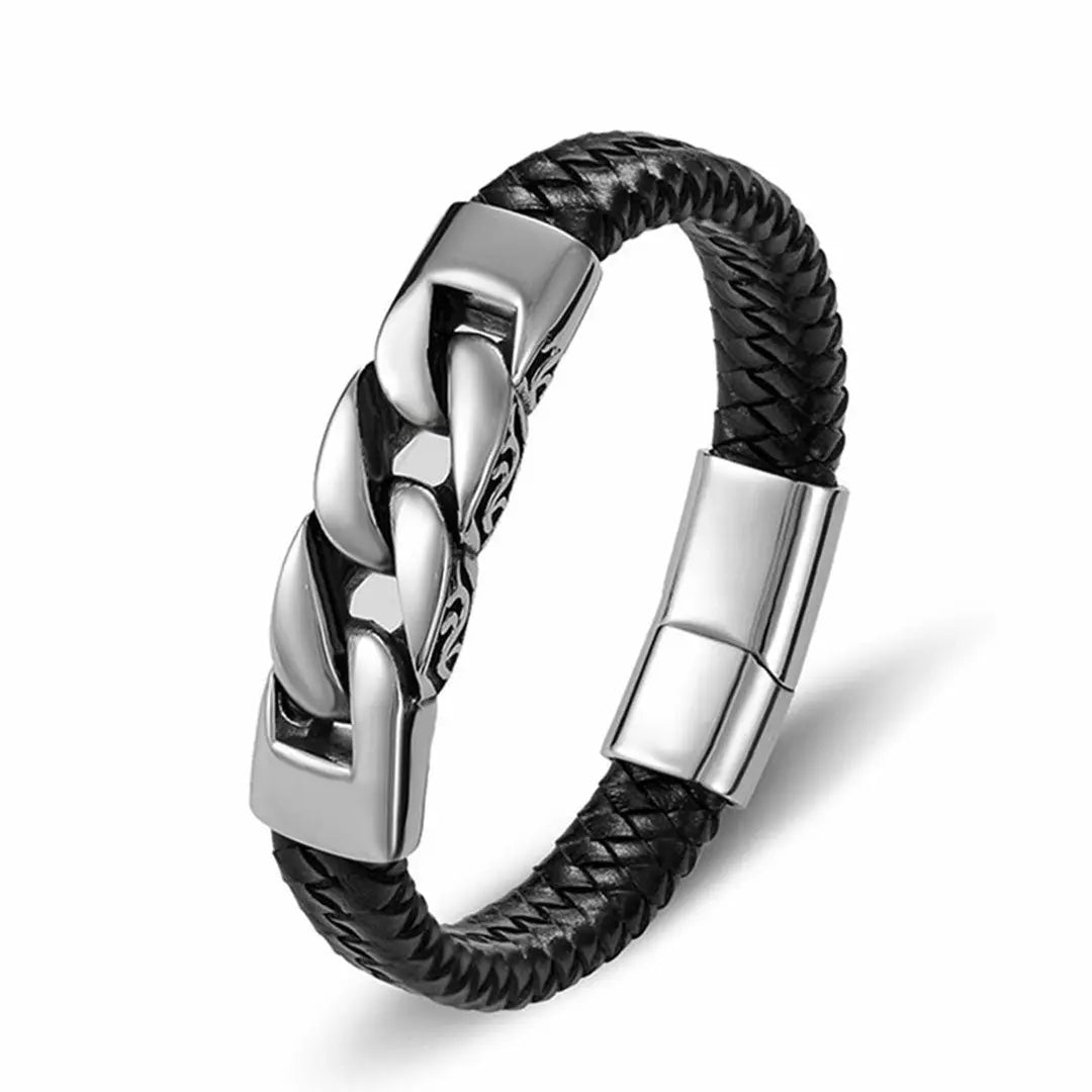 GoSteel Men's Cuban Link Bracelet - Stainless Steel & Genuine Leather Wristband for Men - Perfect for Casual Wear, Date Nights & Gifts
