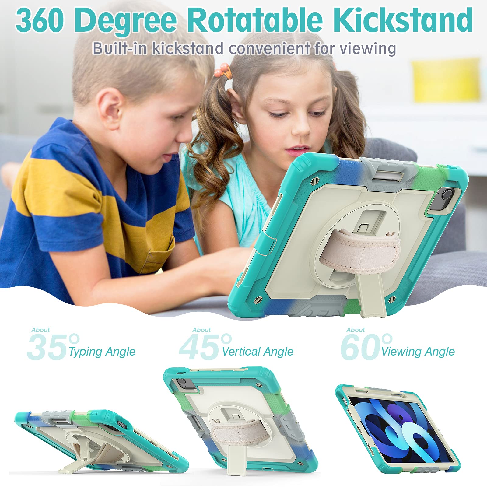 Dteck Shockproof Protective Case for iPad Air 5 (2022)/iPad Air 4 (2020)/iPad Pro 11 Inch - with Shoulder Strap, Hand Strap & Pencil Holder | Kickstand Feature | Kids-Friendly Colorful Green Design | Perfect for School, Travel & Outdoor Activities